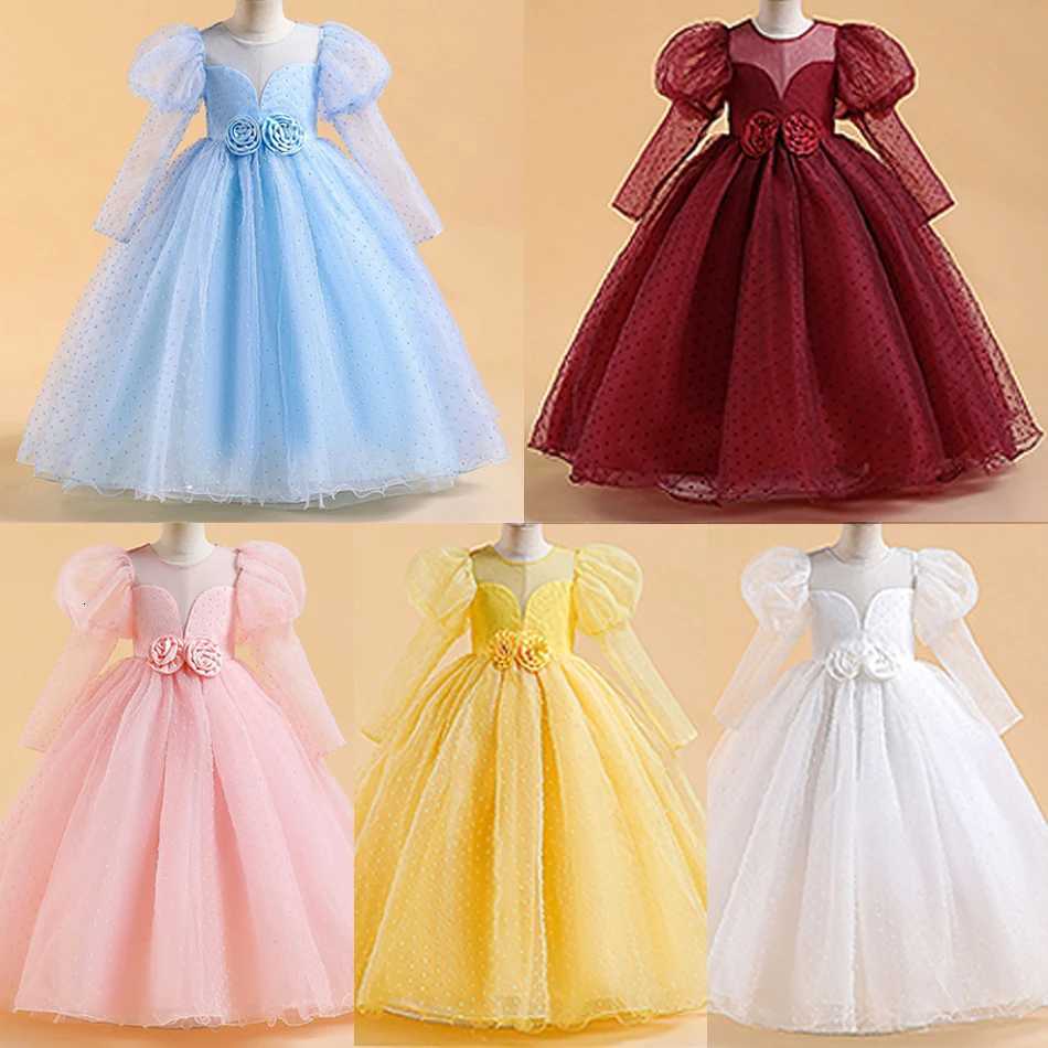 Children Solid Puff Long Sleeve Princess Dress Flower Girl Kid Evening Birthday Wedding Party Costume Carnival Halloween Clothing Z250904