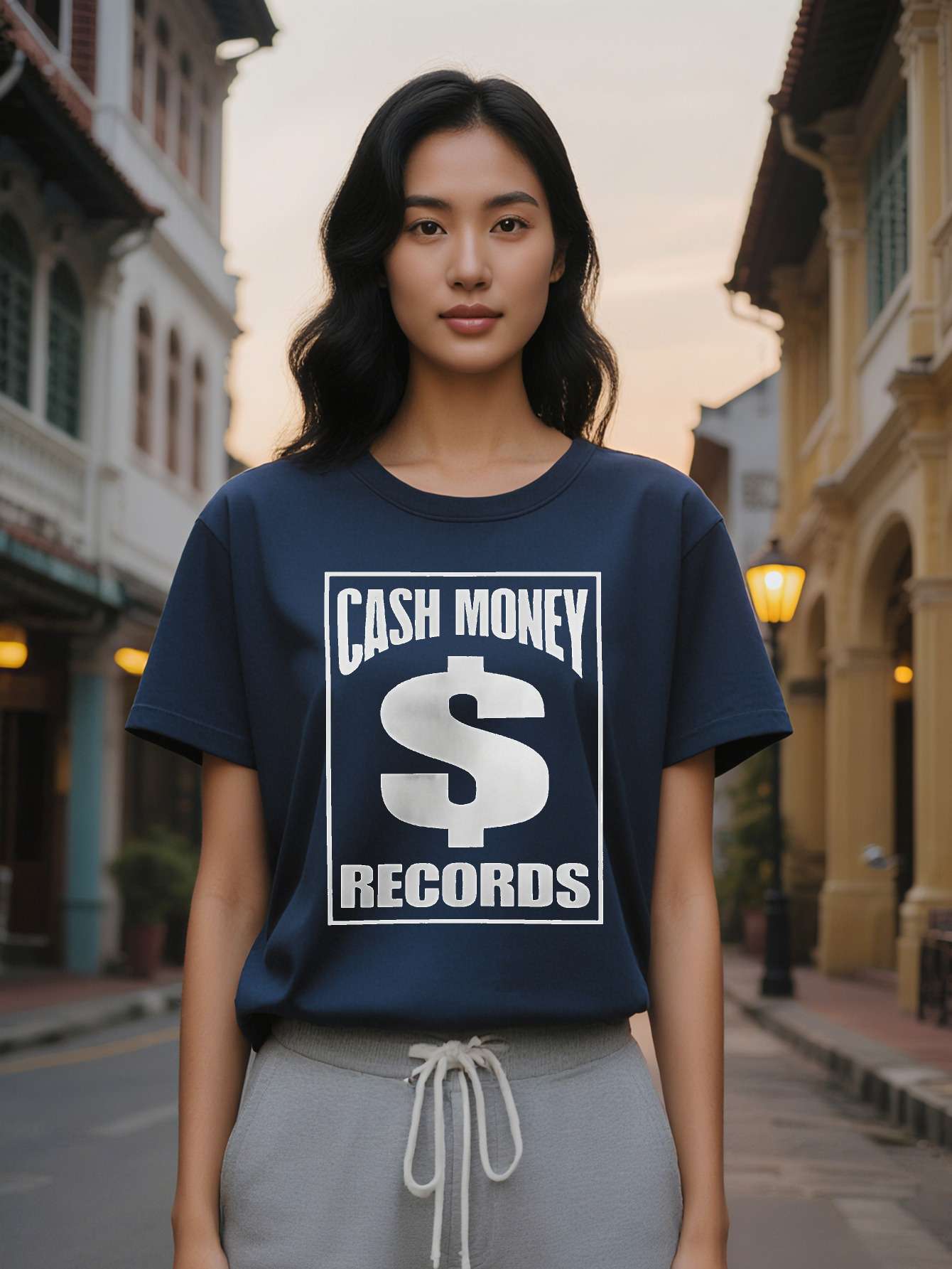Large XL Black Cash Money Records Graphic T-Shirt Casual Crew Neck Stretch Fabric Regular Fit Summer Style Tee with Bold Plus Size