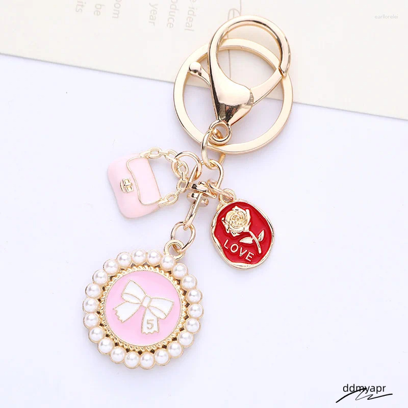 Keychains Bohemian Pearl Ddmyday Bow Rose Charm Keychain Jewelry For Women Trendy Tulip Love Letter Pendant Car Bag Keyring Accessories Ddmyday Ddmyda