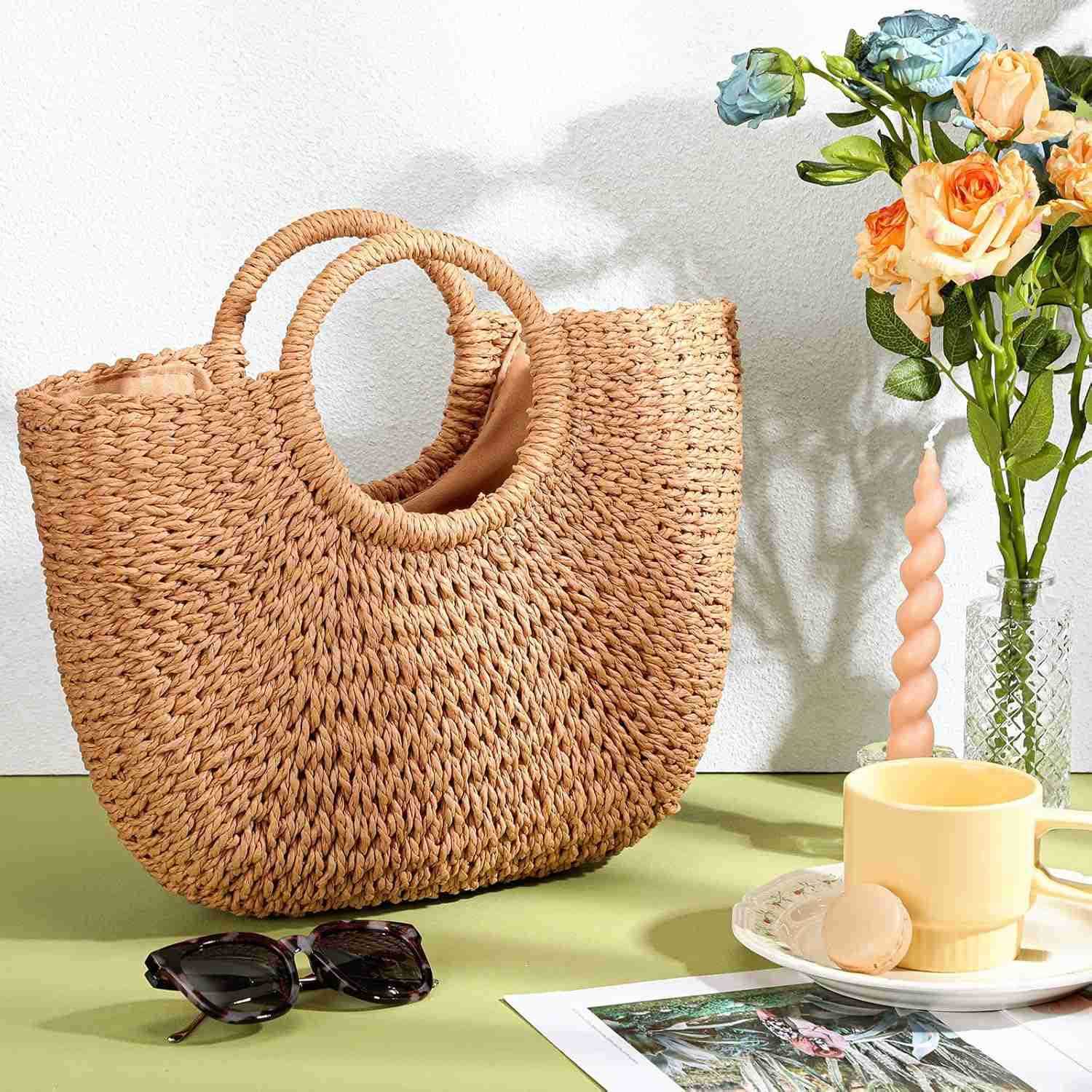 Frienda Straw Tote Bag Summer Beach Bag Handmade Straw Rattan Woven Handbag for Women Travel M250904