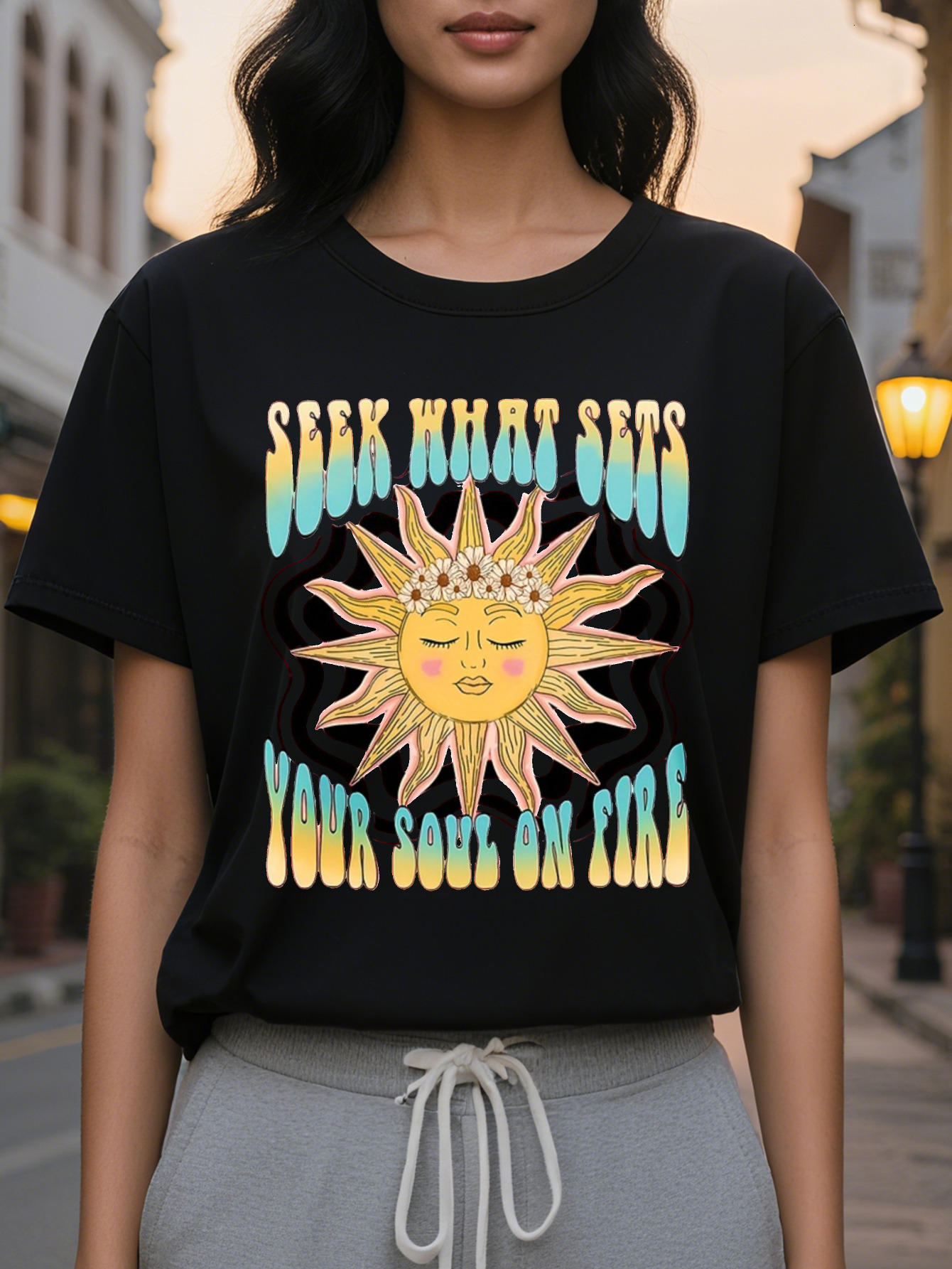 SEEK WHAT SETS Personalized Fashion Printed Round Neck Short Sleeve T-shirt Spring and Summer High-end Slimming Women's