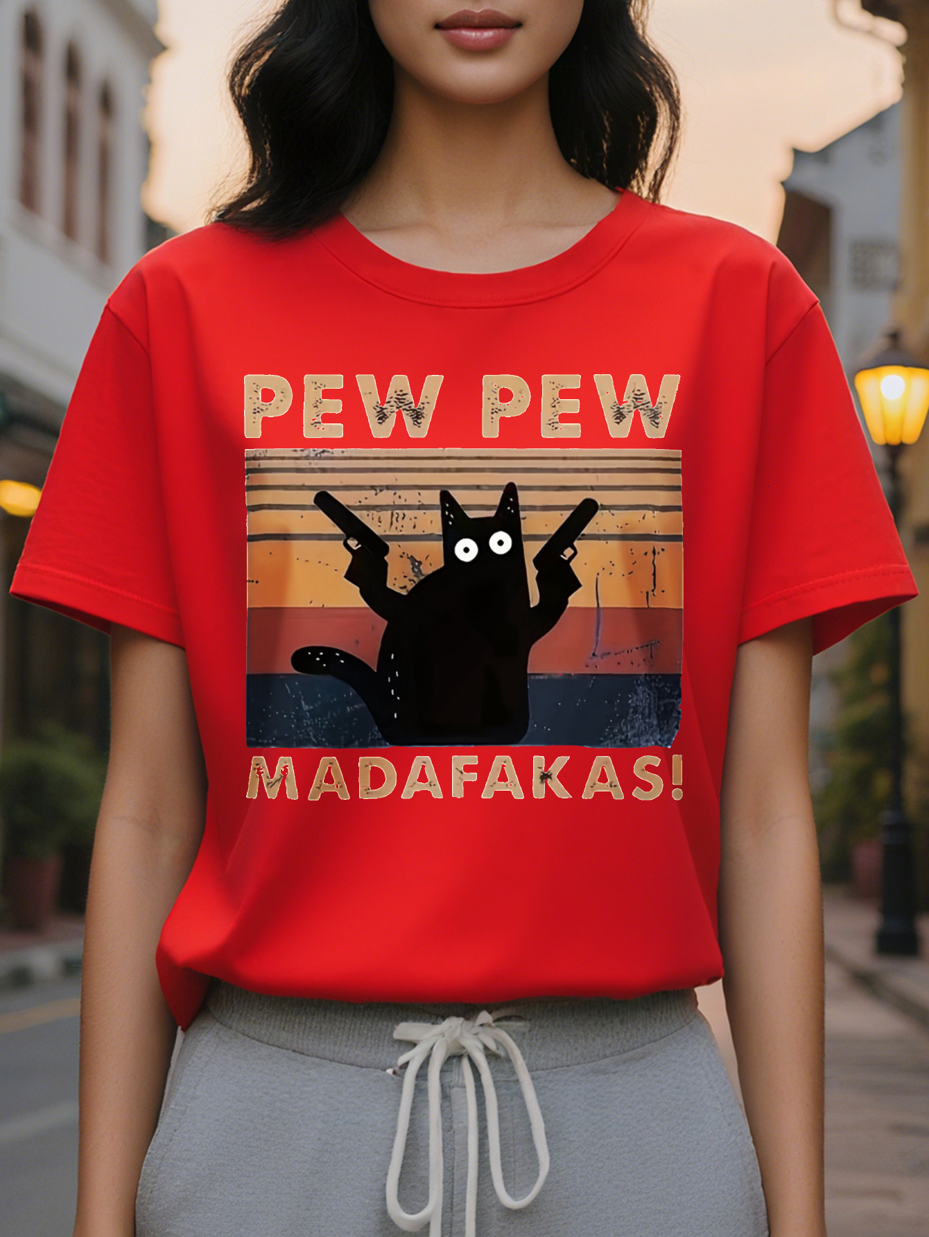 Cat Print Crew Neck Tank Casual Sleeveless Top For Spring Summer Women's Clothing