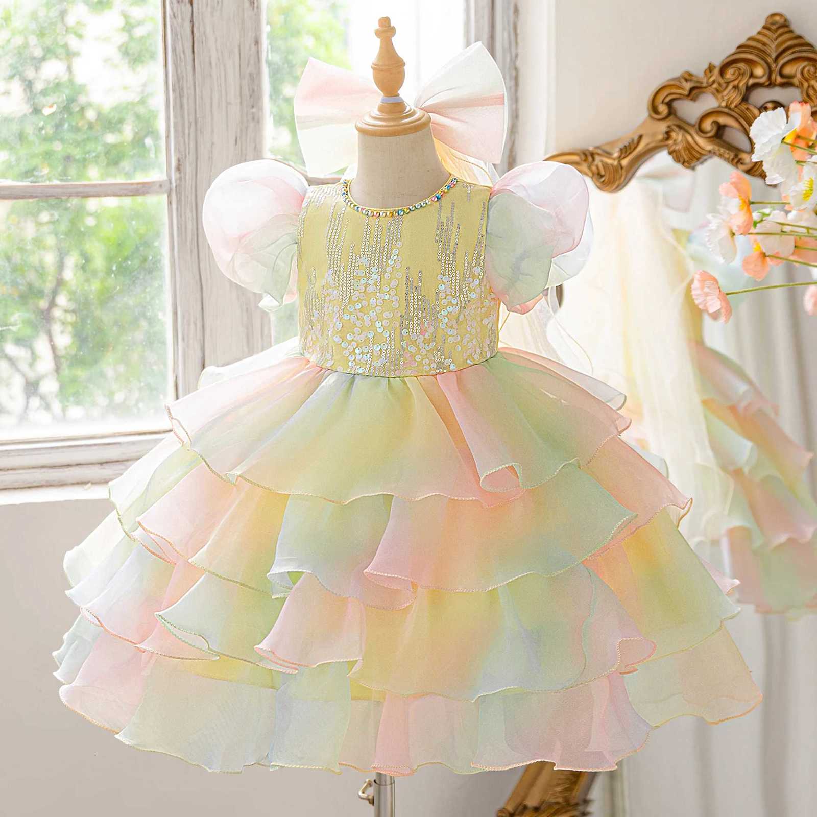 2pcs Rainbow Lace Princess Party Girls Dress Elegant Multi Layered Wedding Birthday Evening Dresses Girl Graduation Prom Costume Z250904