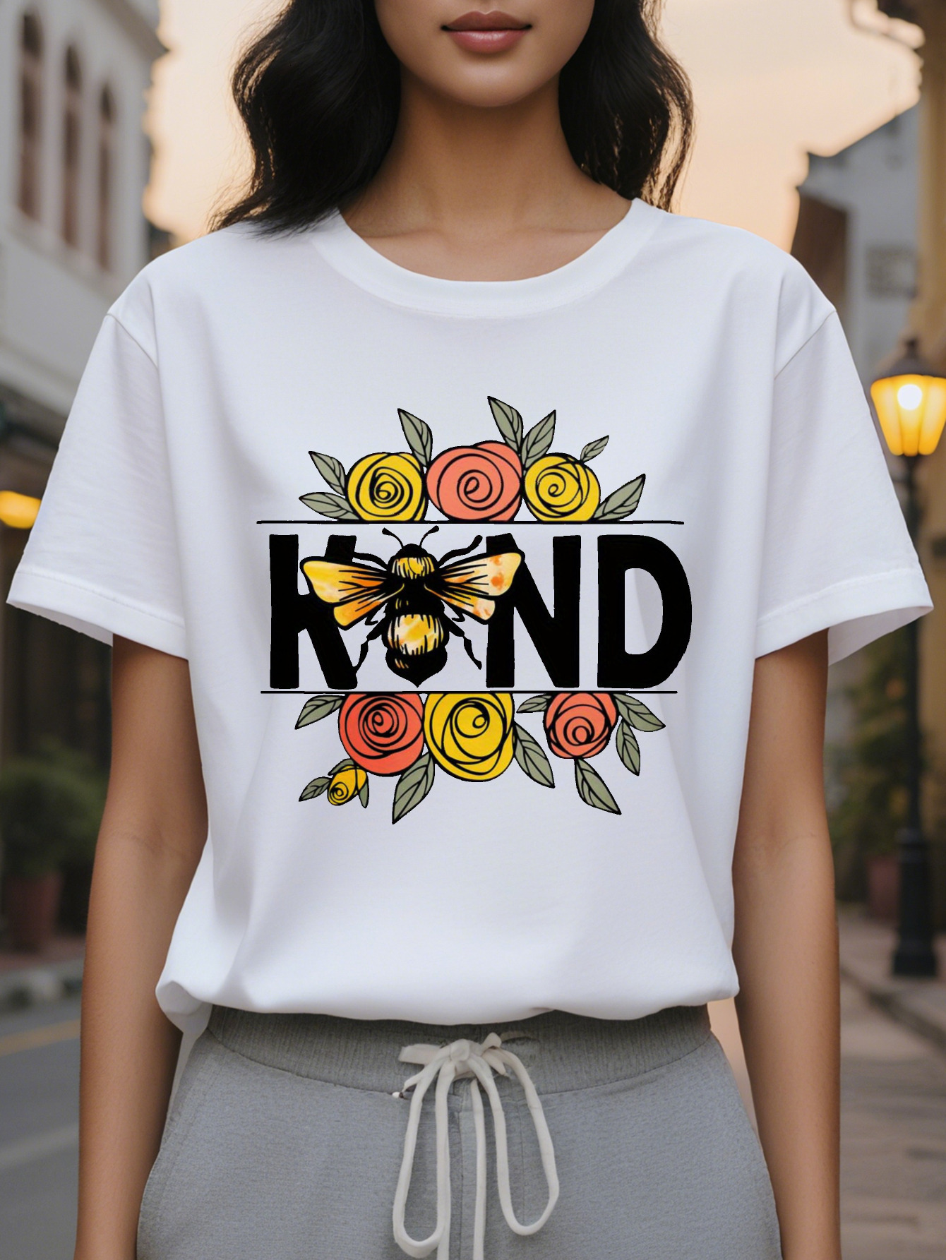Women's Be Kind T-shirt, white shirt with eye-catching KIND letters, floral decoration, soft for daily summer wear