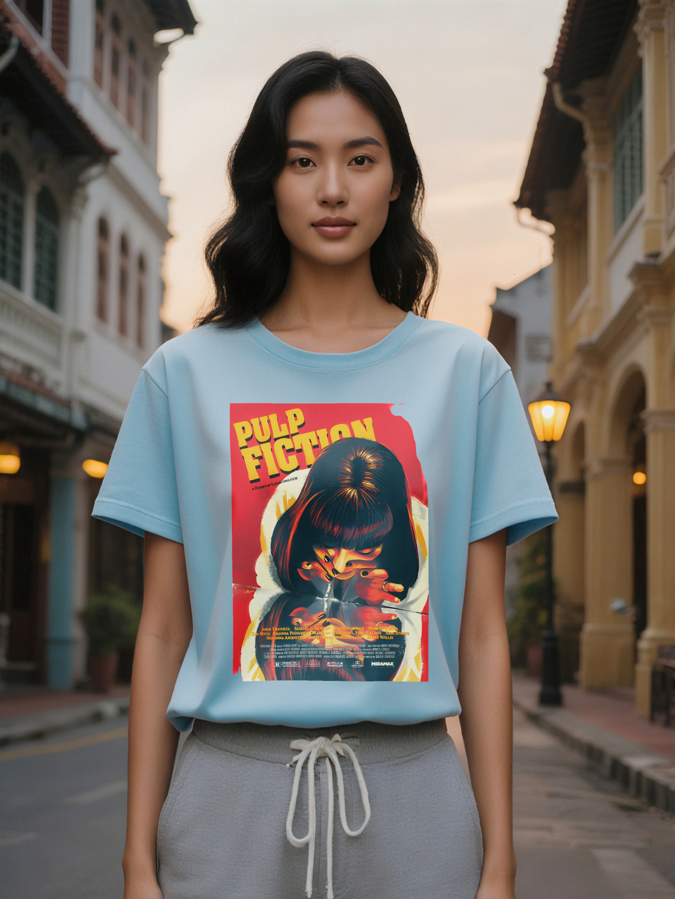 Large XL Black Graphic Lady Casual T-Shirt Pulp Fiction Art Print with Female Character Design, Washable, Regular Fit, Gift, Plus Size