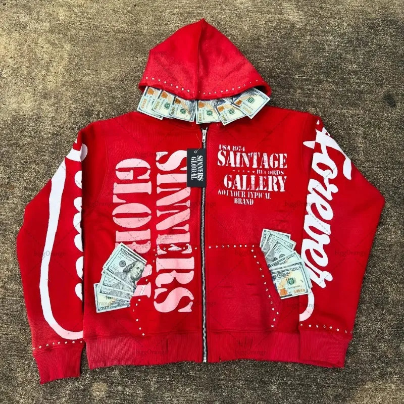 Harajuku Retro High Street Colorful Clothing American Hiphop Trendy Zipper Hoodie Men Rock Oversized Sweatshirt Women 250904