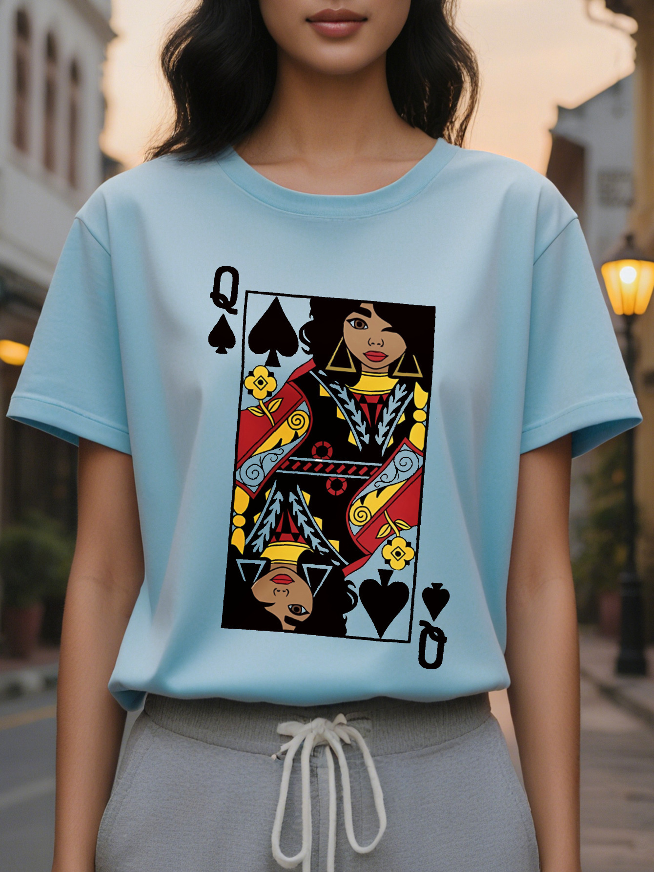 Short Sleeve Cartoon Card Q Print Crew Neck T-Shirt for Spring Summer Casual Women's Clothing