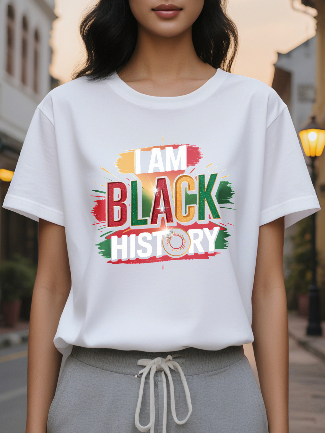 Women's T-shirt I Am Black History design short sleeve round neck casual top for spring summer bright and