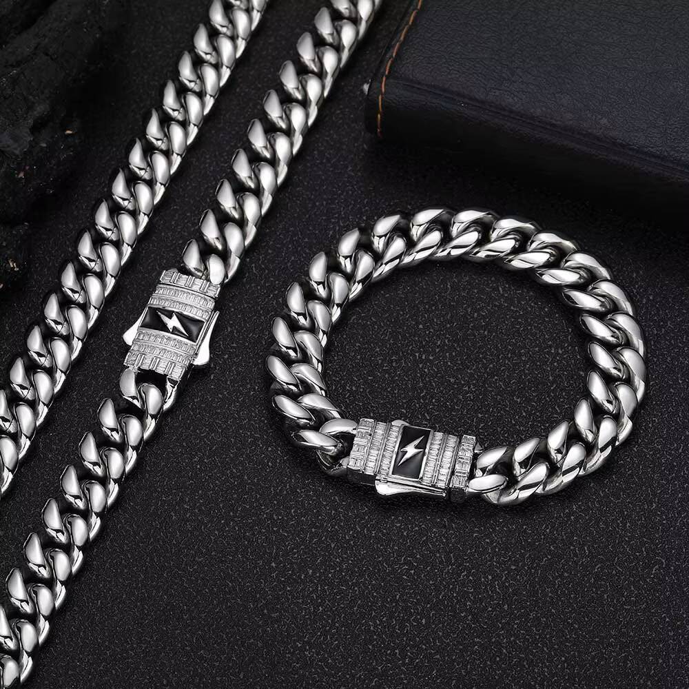 NUOYA Stainless Steel Miami Cuban Bracelet for Men 18k Gold Plated with Baguette Diamond Clasp Hip Hop Style Cuban Link Bracelet