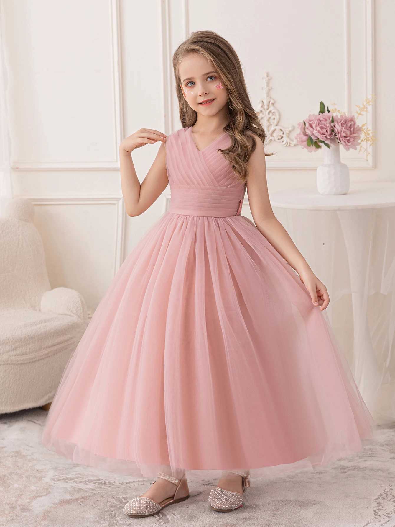 Pink Long Skirt Dress for Girls Birthday Party Wedding Flower Girl Puffy Gauze Skirt Z250904
