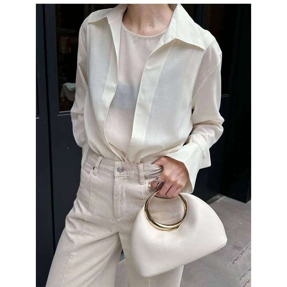 Metallic Round Handle Handbag Designer Evening Bags For Women Soft PU Leather Shoulder Bag Half Moon Cloud Clutch