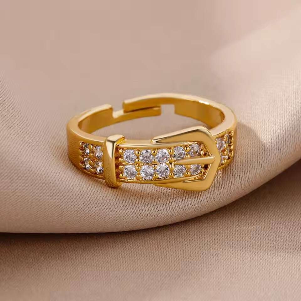 Zircon Inlaid Belt Gold Plated Adjustable Open Women's Ring Jewelry