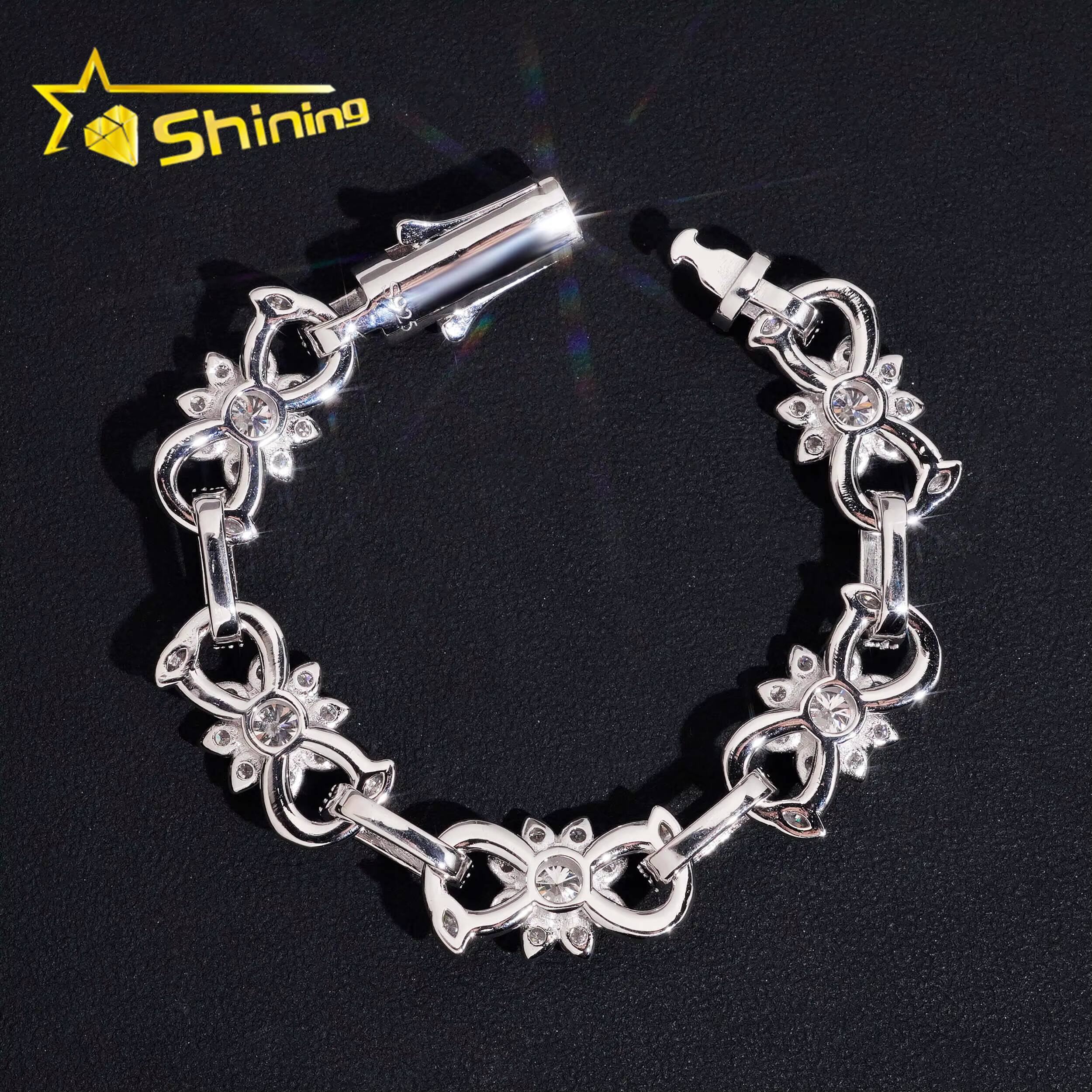 925 Silver Iced Out 13mm Flower Moissanite Cuban Link Bracelet Hip Hop Jewelry Custom High Quality Cuban Bracelet for Men Women