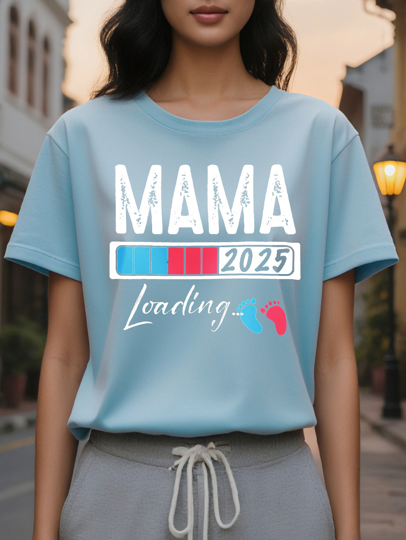 Large XL Women's Casual Short Sleeve Round Neck T-Shirt MAMA Leading Print Heather Gray Washable All Season Plus Size