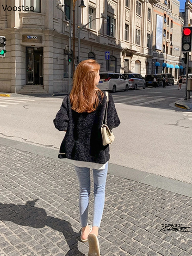White Mink Cashmere Sweater Coat Women Autumn Winter Lazy Style Korean Retro Black Loose Oneck Knitted Cardigan Fashion Outwear Ddmyday 241108 Ddmyday