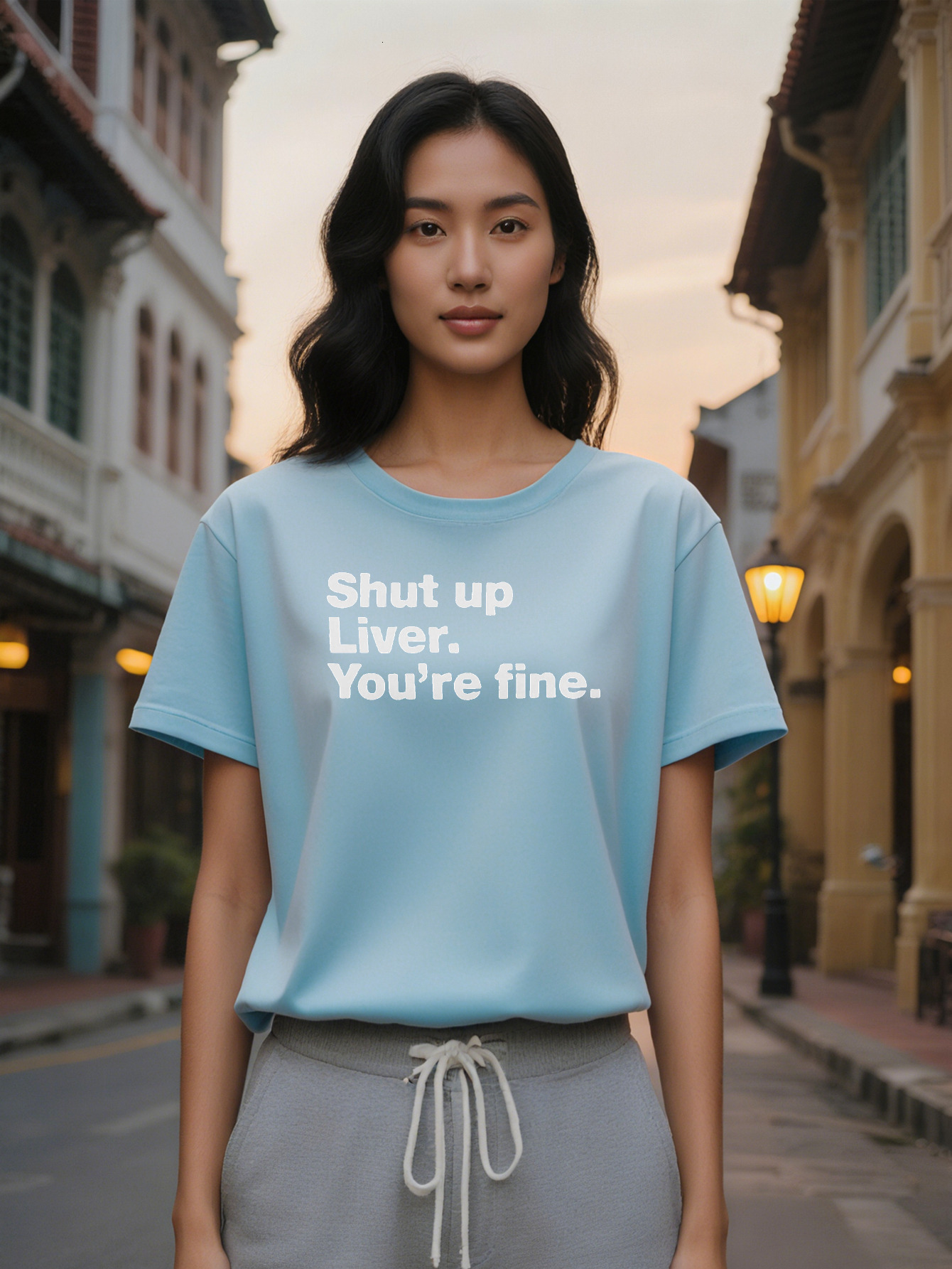 Large XL Casual Graphic T-Shirt with Bold Shut Up Liver You Re Fine Print Black White Humorous Design Round Neck Regular Plus Size