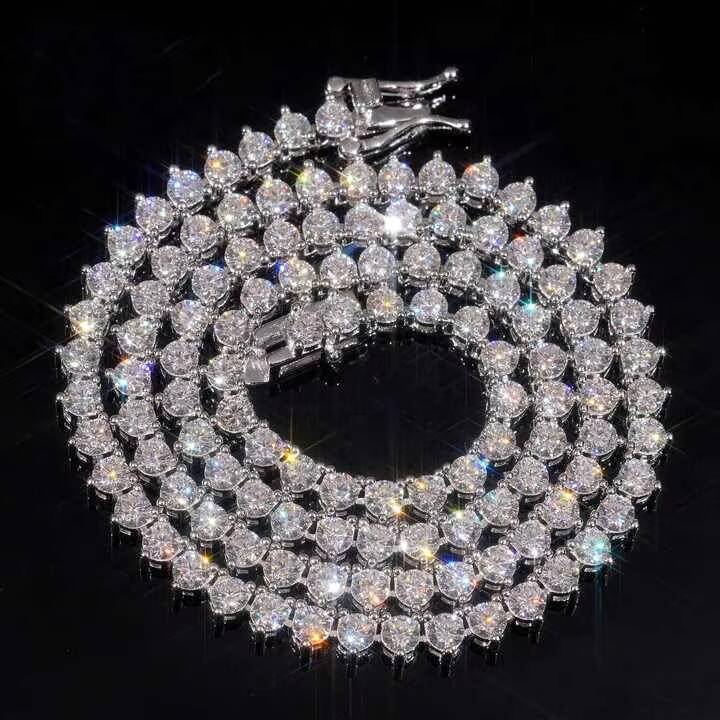 Luxury Three Prong 3mm Necklace 925 Sterling Silver Vvs Moissanite Hip Hop Rapper Style Iced Out Fine Jewelry Tennis Chain