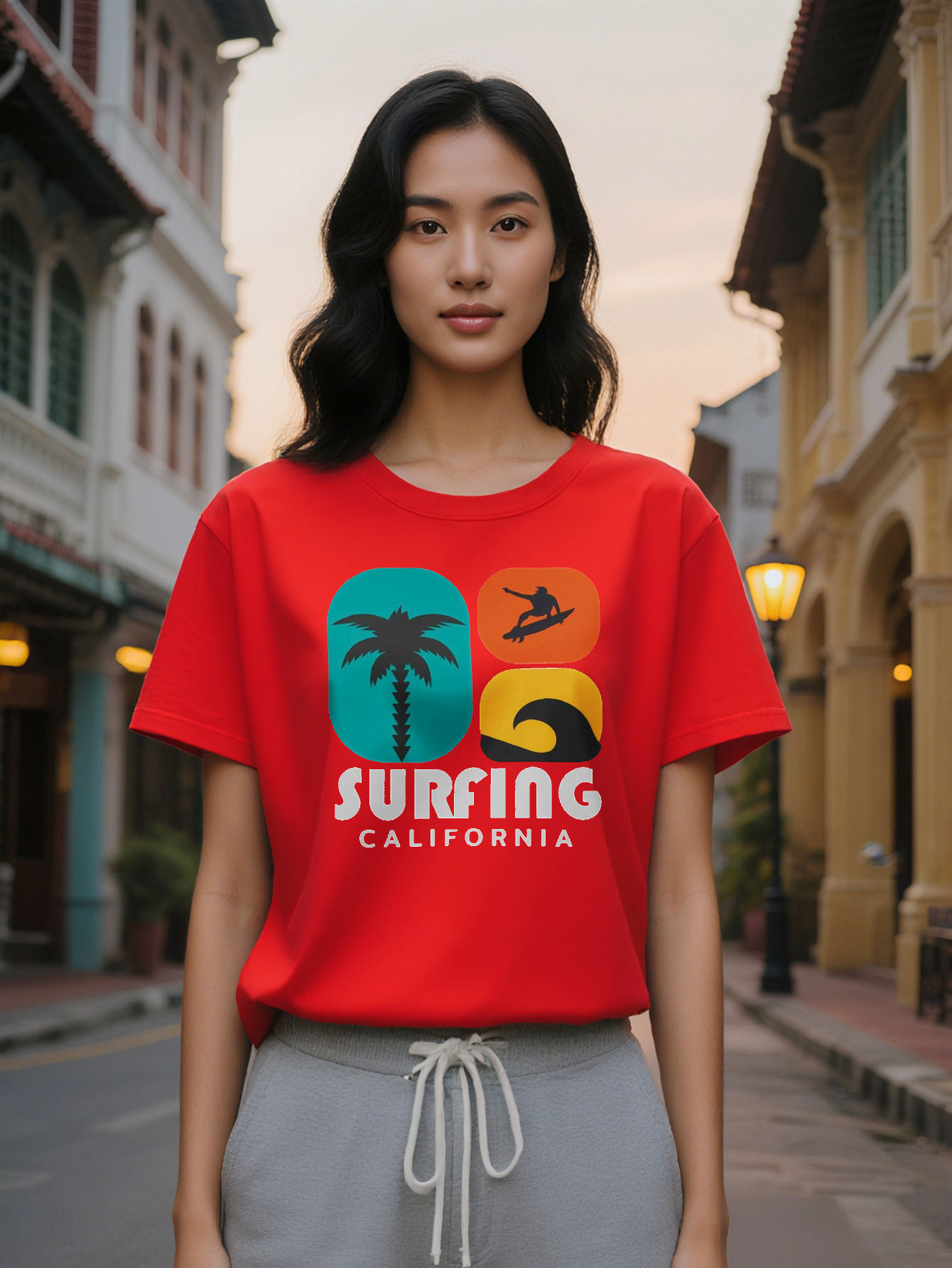 Large XL Lady Surfing California Graphic Print Round Neck T-Shirt Pure Cotton Lightweight Summer with Vibrant Surf Themed Plus Size