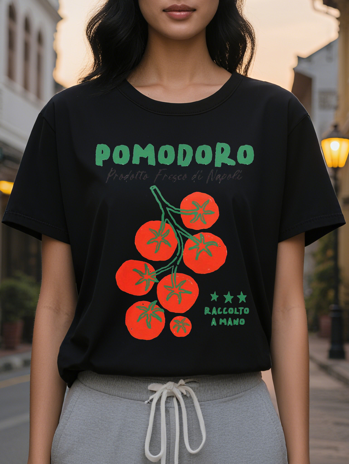 Women's Elegant Summer T-Shirt White Short Sleeve Round Neck Top Bright Tomato Pattern and Italian Products from Naples