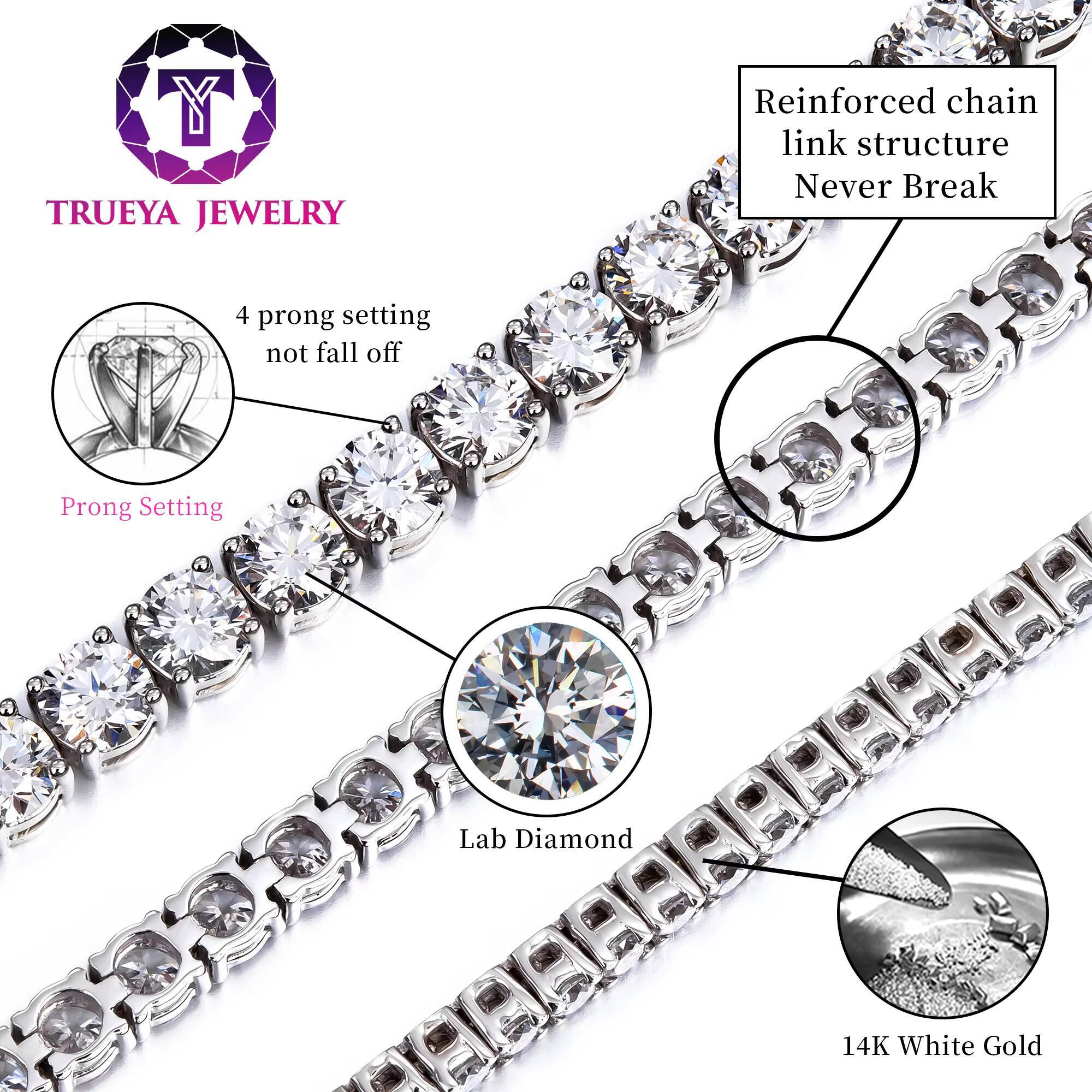 Wholesale Custom Men Women 2 3 4mm Hiphop Jewelry Iced Out Real 14k White Gold Jewelry Hpht Lab Grown Diamond Tennis Bracelet
