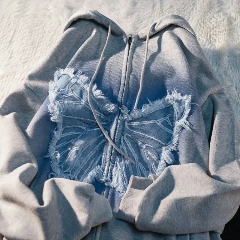 American Street BF Wind Butterfly Hooded Sweater Female Y2k Zipper Fashion Loose Cardigan Couple Gothic 250904