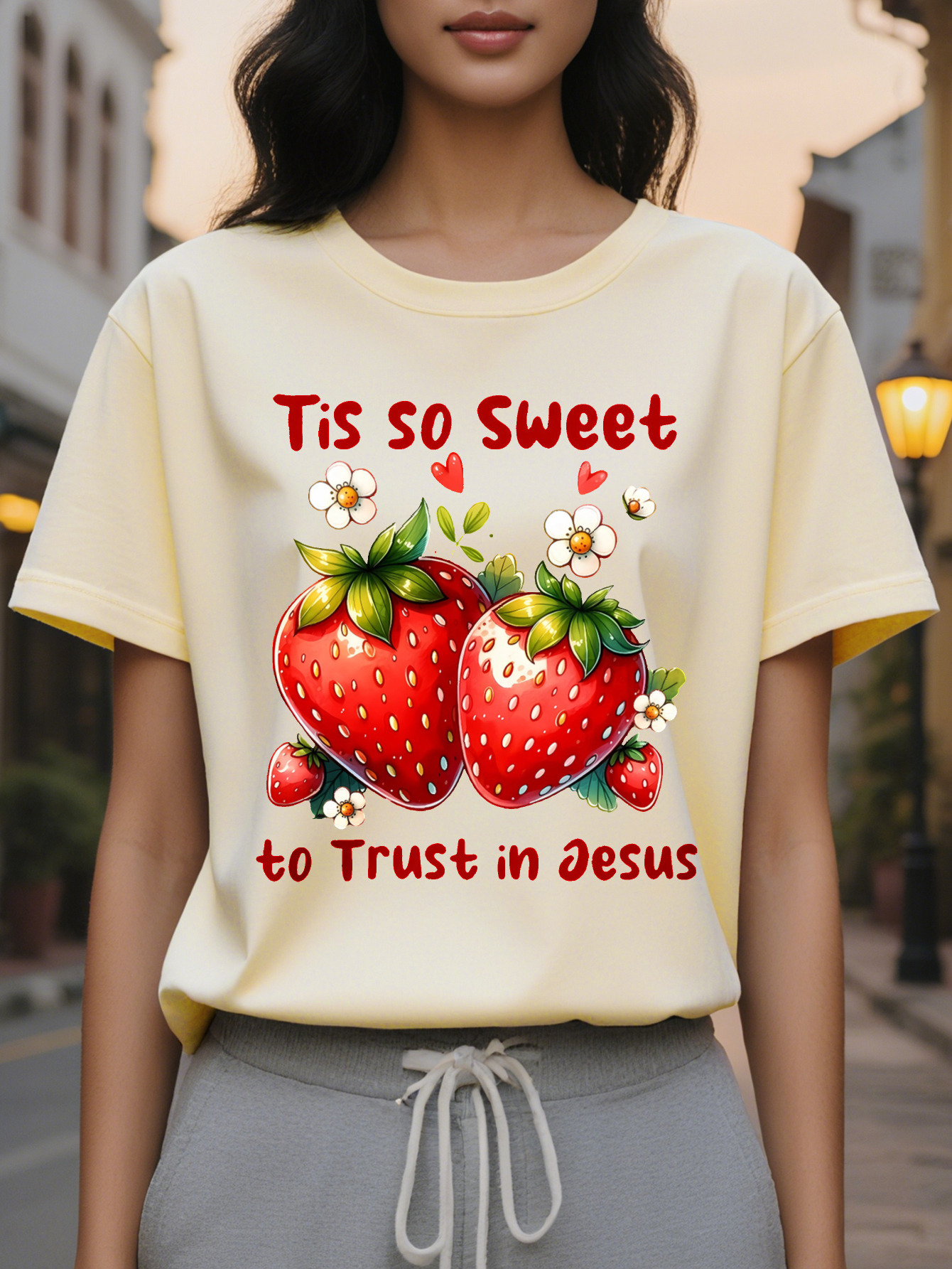 This sweet strawberry short sleeved T-shirt with round neck is a casual top suitable summer and spring for women