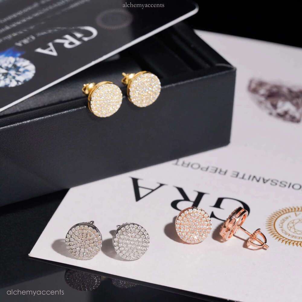 Hip Hop Jewelry Round Iced Out S Sterling Sier VVS Moissanite Rose Gold Stud Earrings