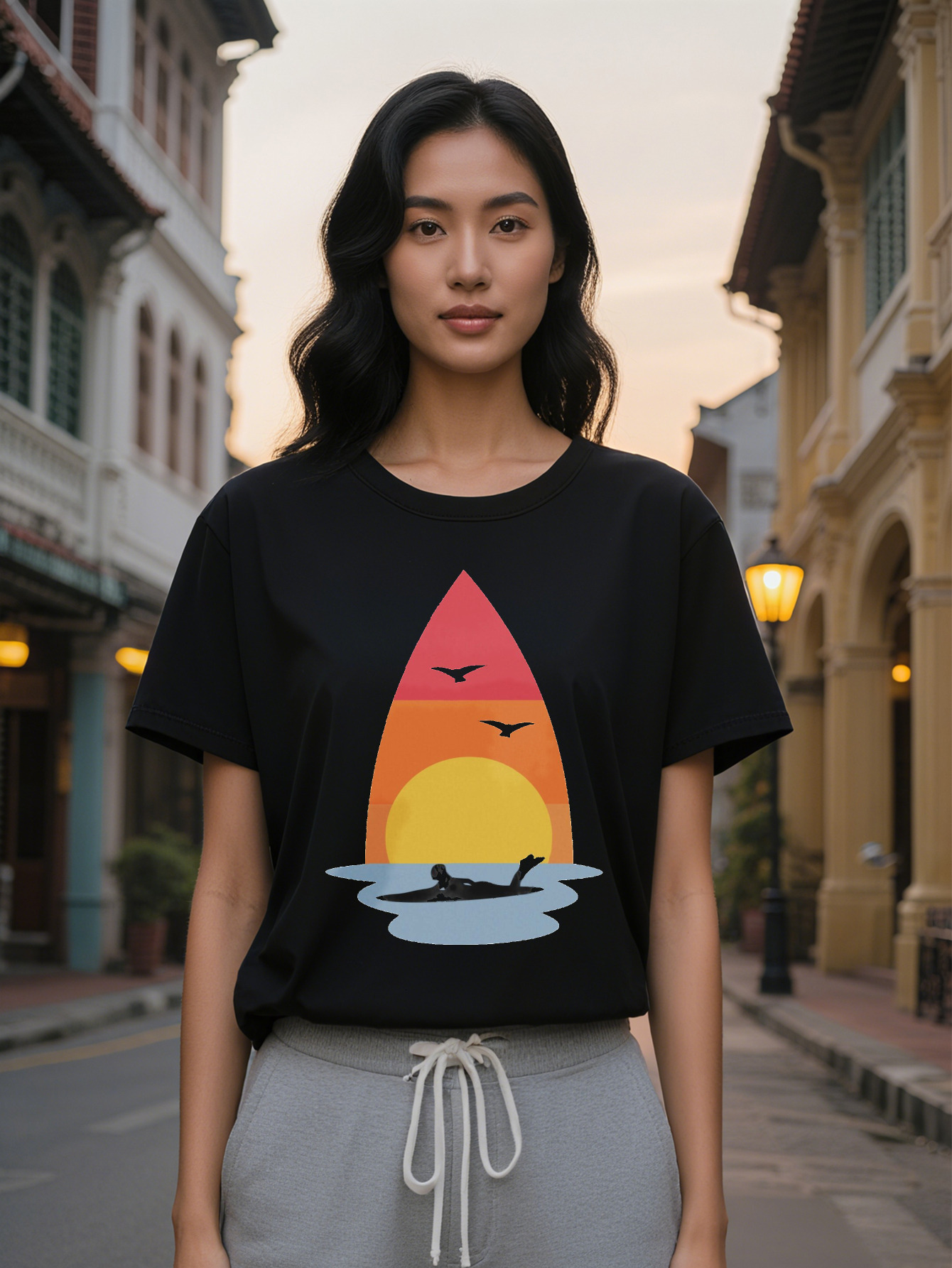 Large XL Lady Crew Neck T-Shirt with Sailboat Black Short Sleeve for Relaxed Style Casual Summer Top Vibrant Print Tee Plus Size