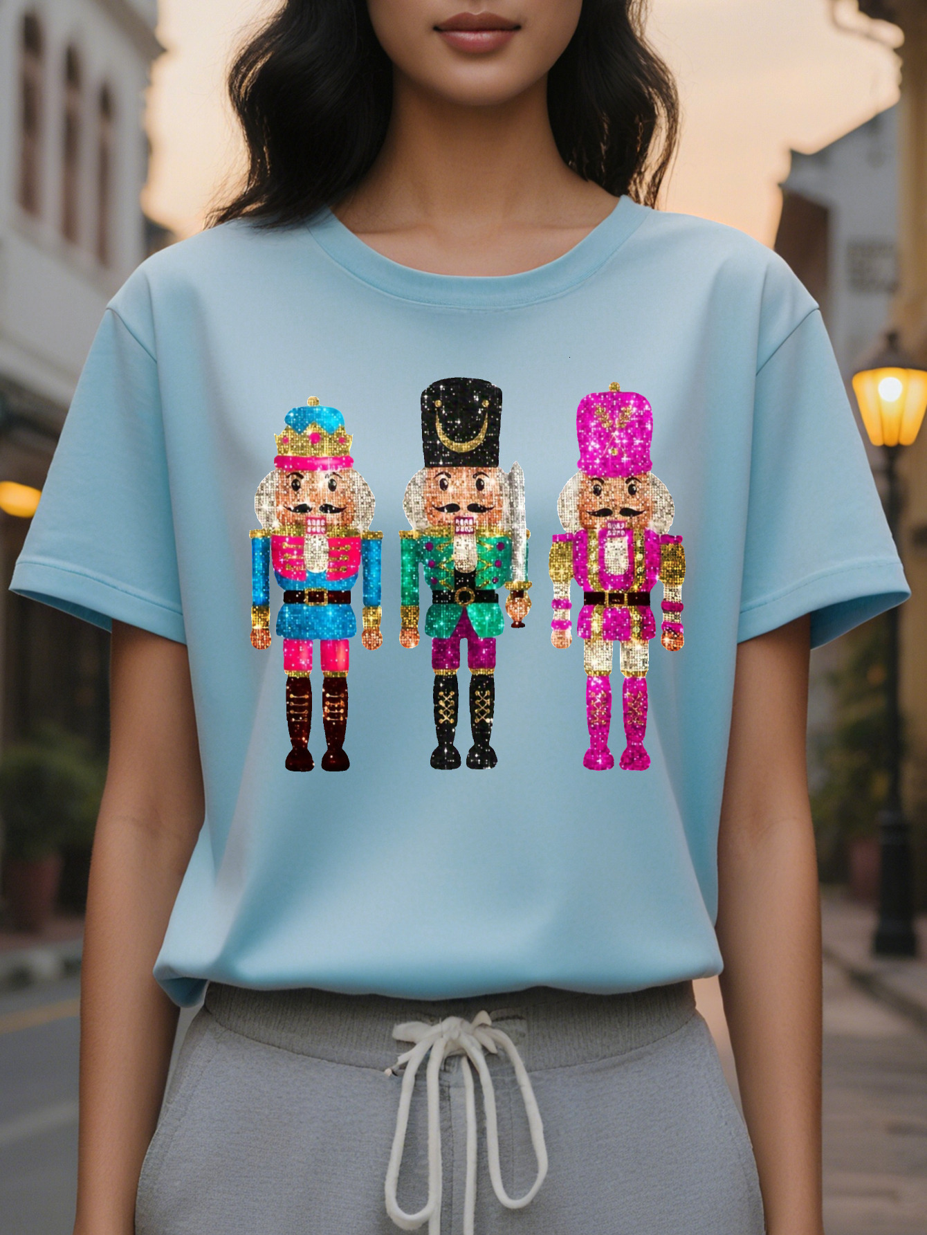 Large XL All Seasons Cotton Knit Fabric Women's Casual Cartoon Nutcracker Printed Round Neck T-Shirt Plus Size