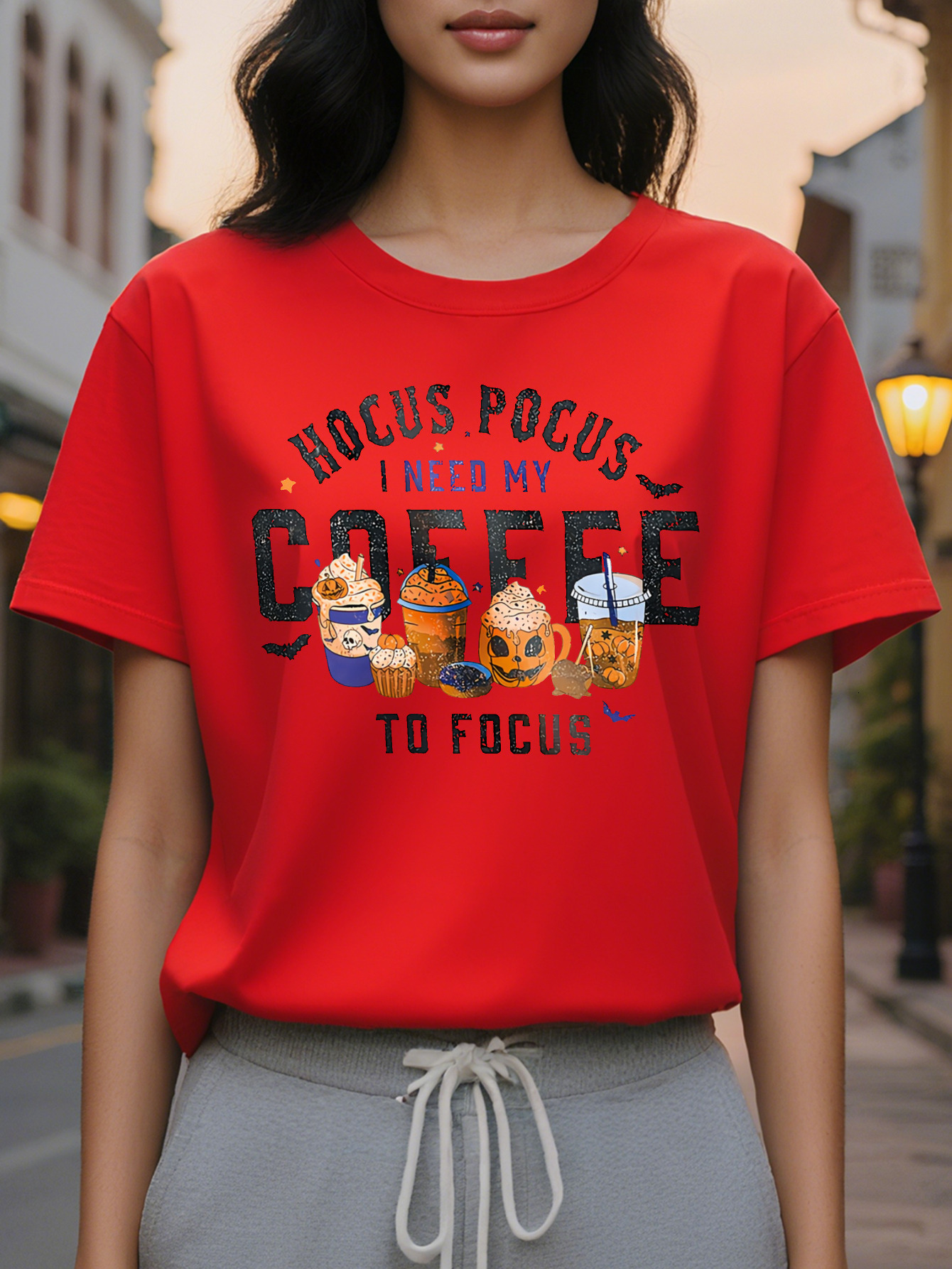 Large XL Women's Halloween Print T-Shirt Cute Hocus Pocus I Need My to Focus Graphic Semi Sheer Round Neck Casual Summer Plus Size