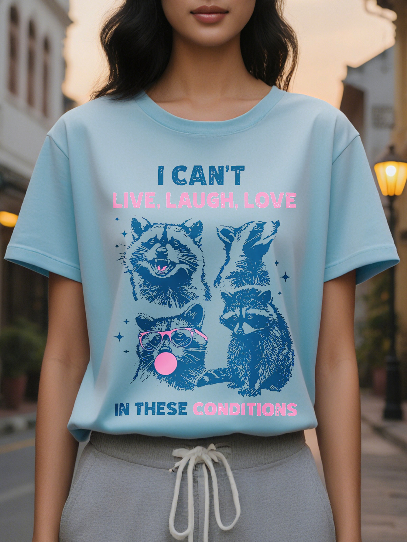 Large XL Funny Cotton Rayon Spandex Blend I Can't Live Laugh Love in These Conditions Print Casual Short Sleeve T-shirt Crew Plus Size