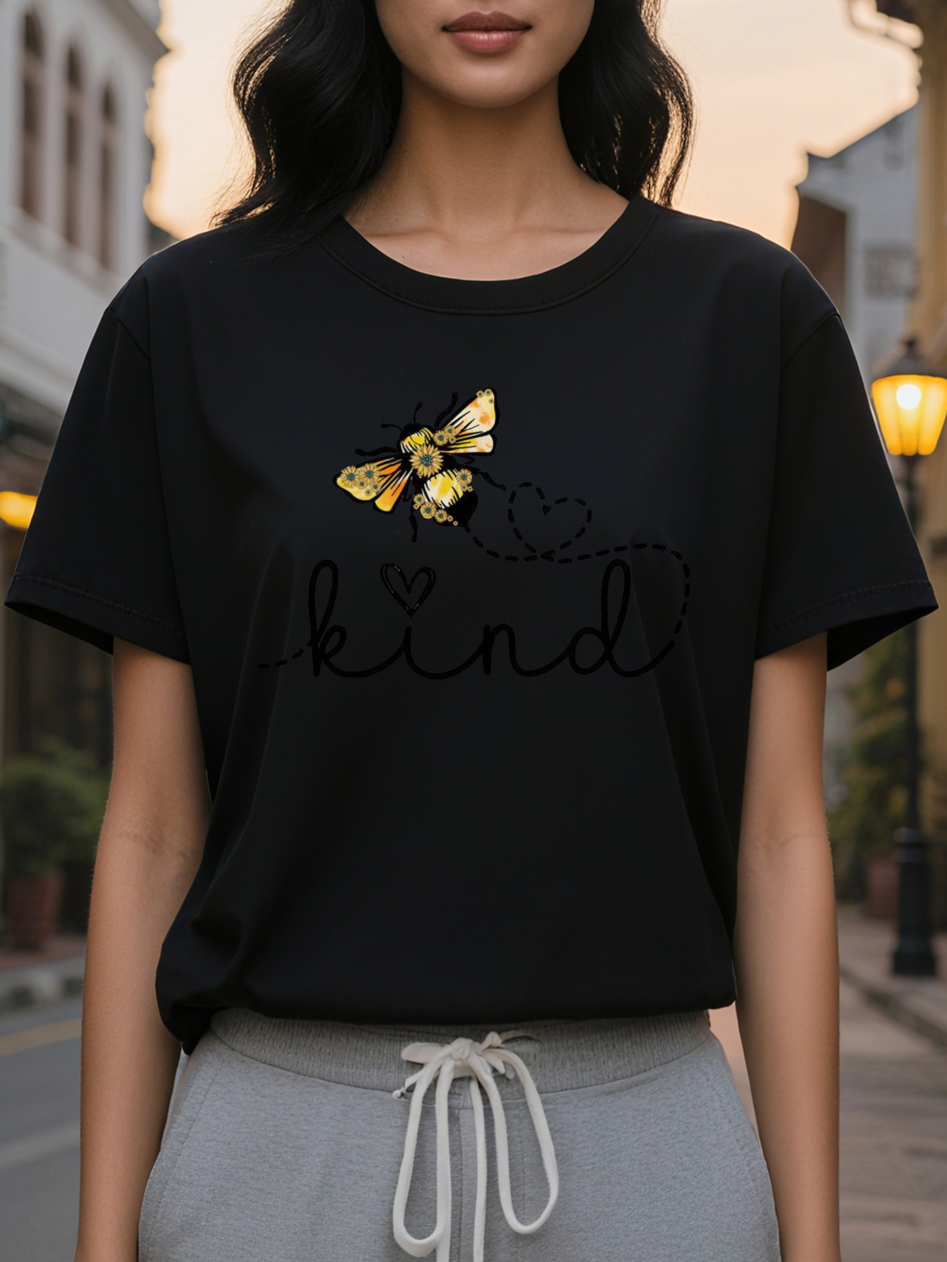 White Be Kind T-shirt Elegant Casual Daily Round Neck Shirt in Bee Pattern Style Positive Energy Women's