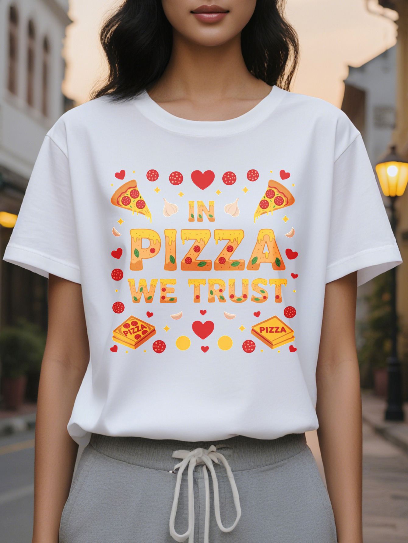 Women's Fun Lover T-Shirt PIZZA WE TRUST Pattern Pepperoni Cheese Design Casual Round Neck Short Sleeve Summer Top