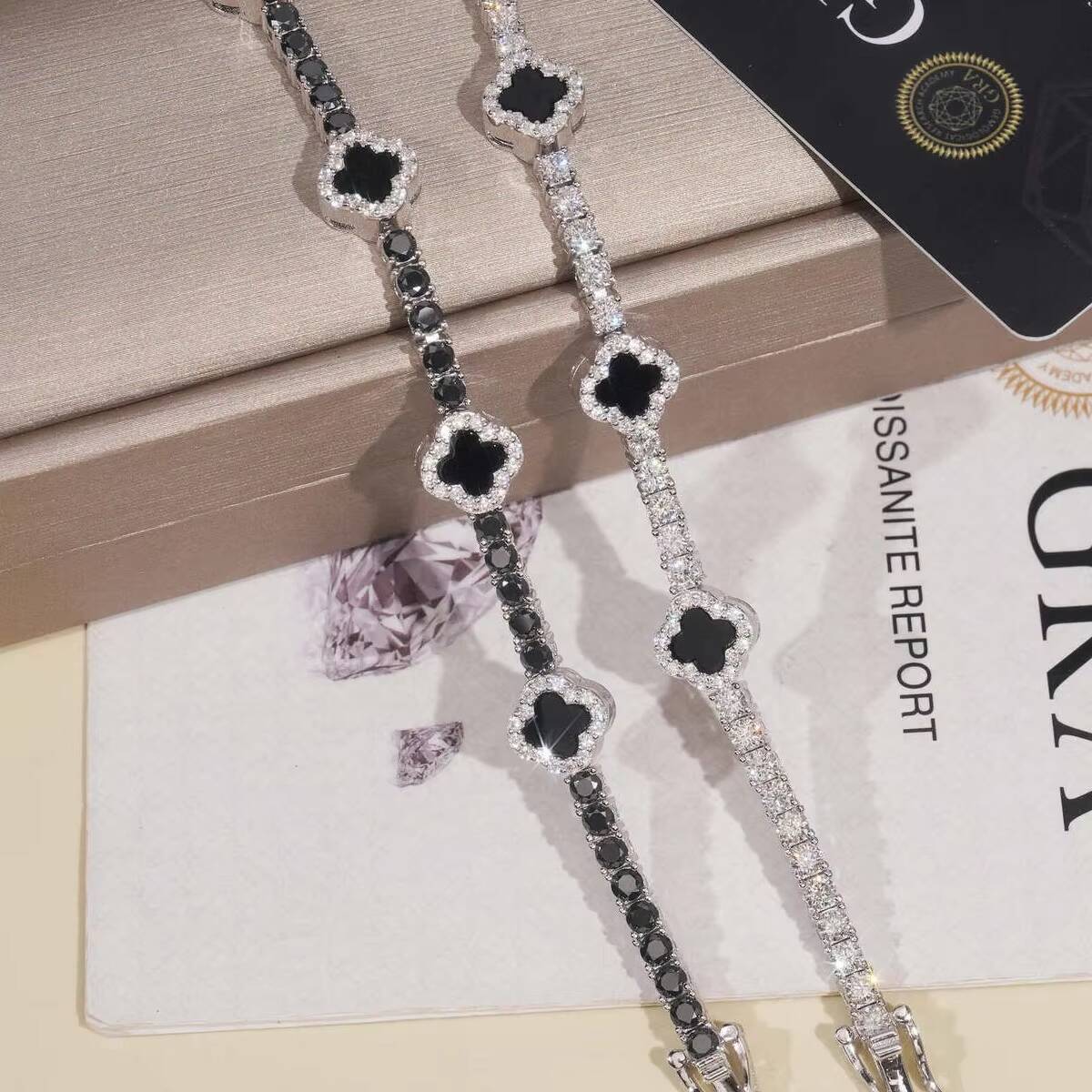 3mm Black Agate 925 Silver Tennis Bracelet Diamond Moissanite Clover Bracelet High Quality Jewelry