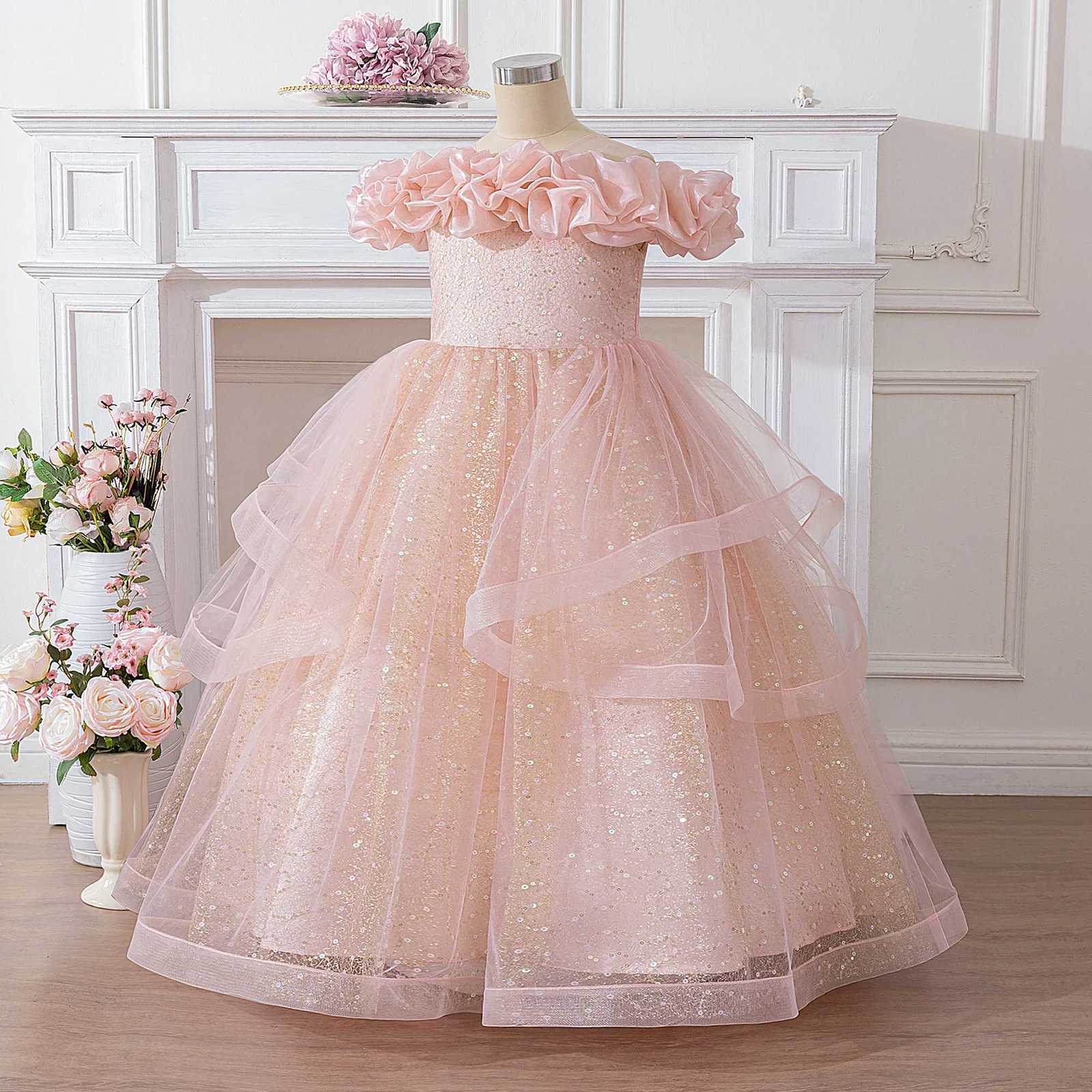 Elegant Fold Flower Party Girl Dresses Formal Tulle Bridesmaids Wedding Princess Prom Dresses Girls First Communion Evening Gown Z250904