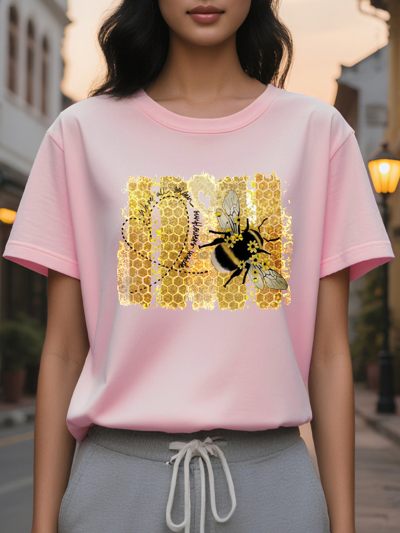 Ladies Elegant Sleeve T-Shirt White Honey Pattern Round Neck Jacket Autumn and Winter Daily Dress Medium Stretch