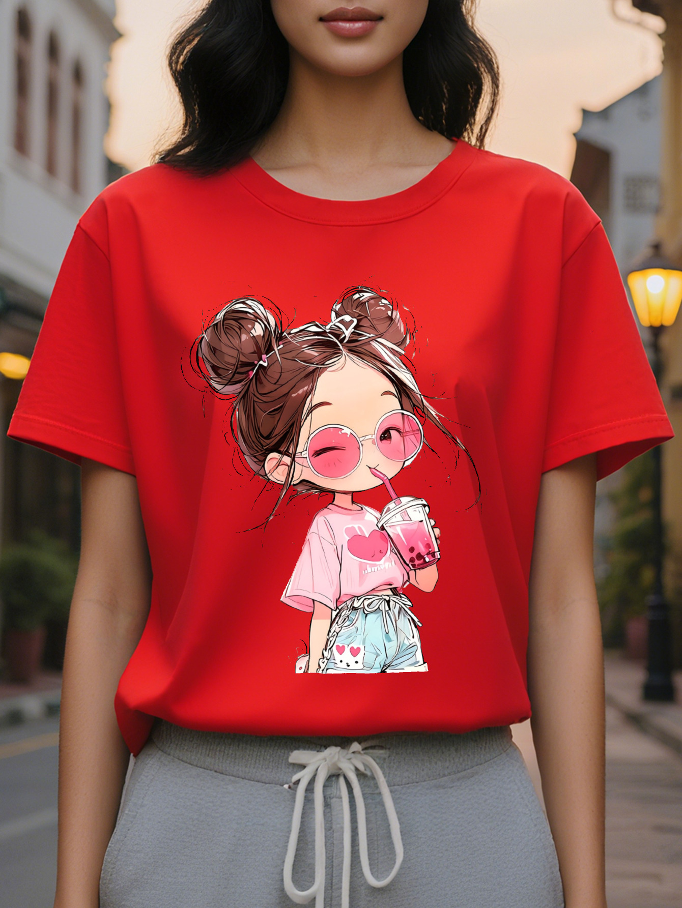 Large XL Women's Short Sleeve T-Shirt Cute Cartoon Print with Heart Glasses Drink Breathable Semi Sheer Round Neck Medium Plus Size
