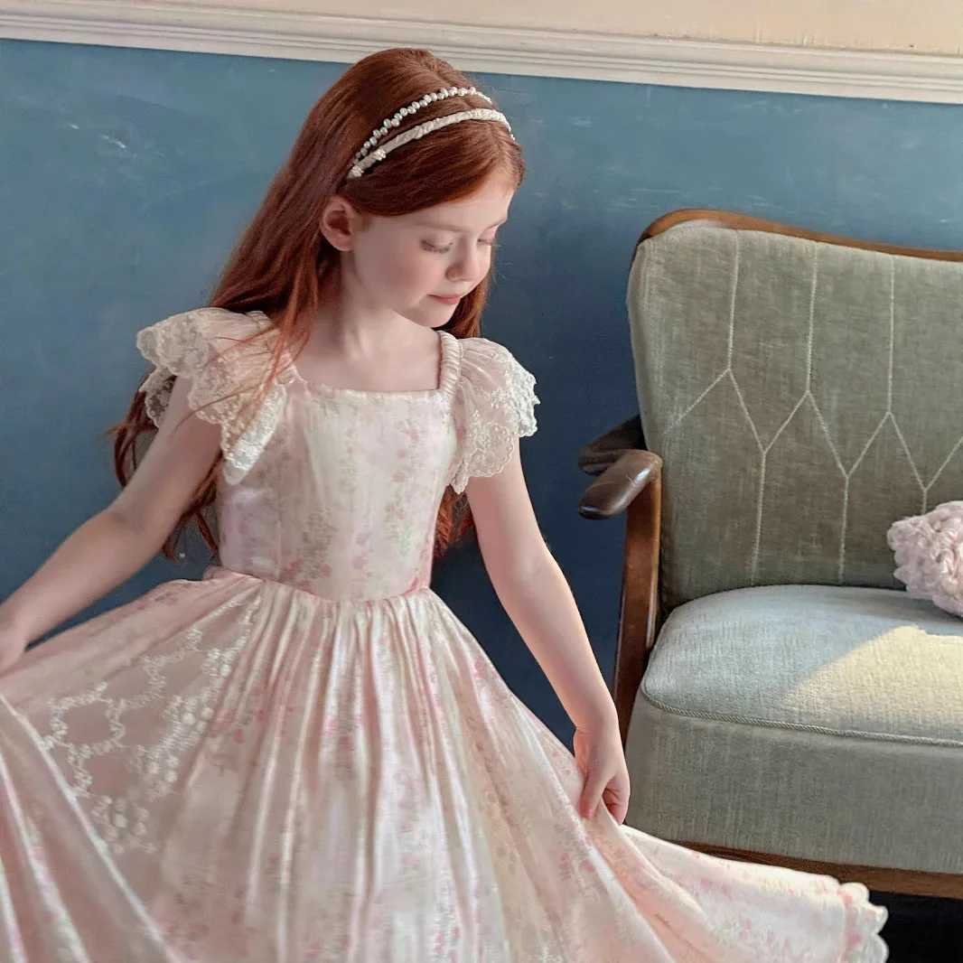 2025 Summer New Girls Floral Lace Flying Sleeve Dress Sweet Lace Patchwork Dress Forest Style Princess Dress Z250904