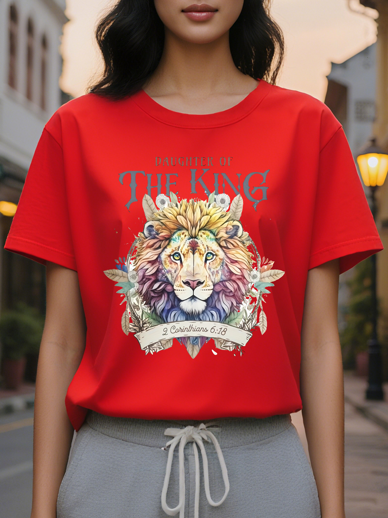 Large XL Vibrant Lion Print Crew Neck Short Sleeve T-shirt Soft Micro Elastic Cotton Fabric Casual Relaxed Fit Perfect for Plus Size