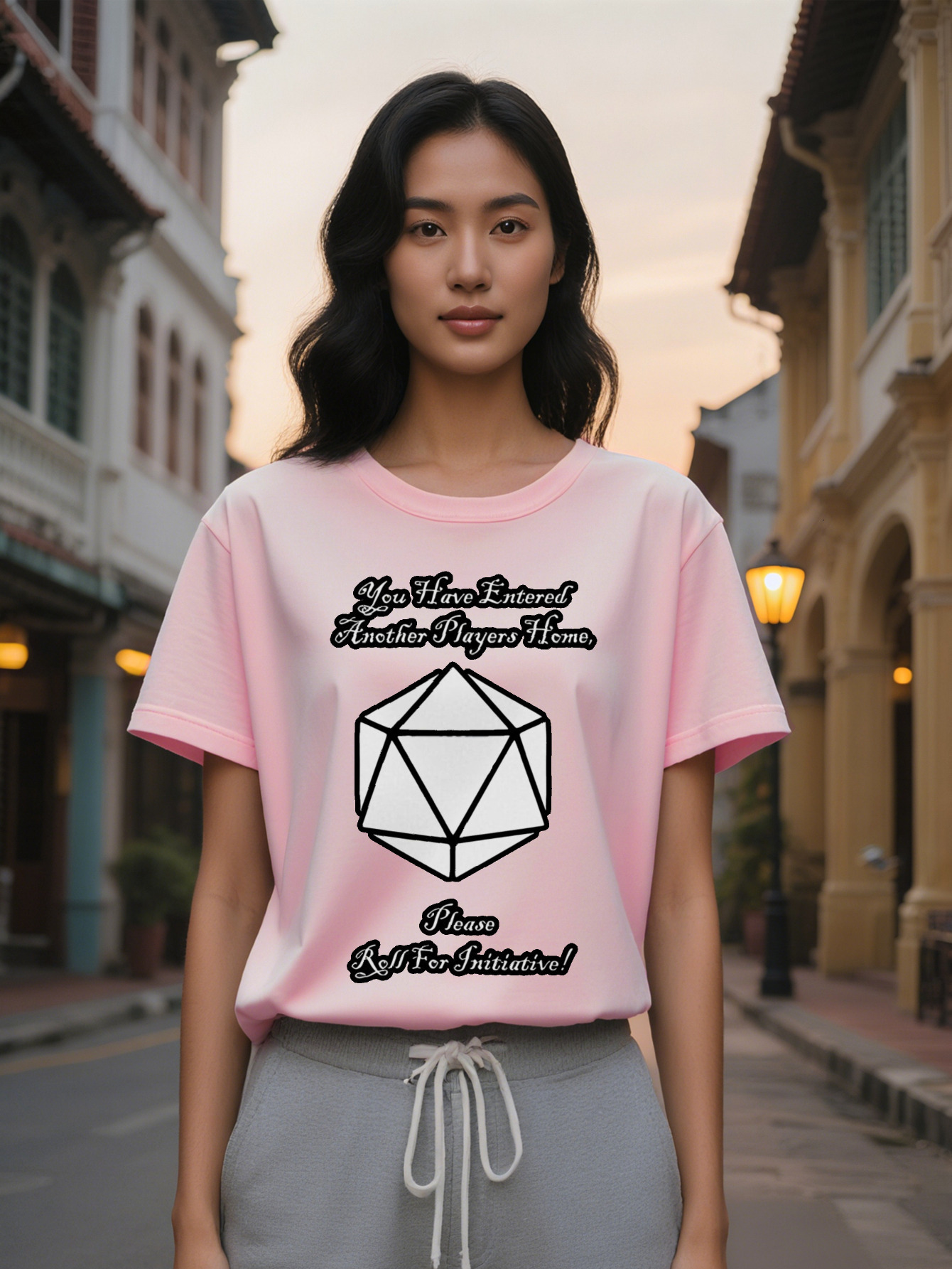 Lady Casual Versatile Round Neck T-Shirt Black Background with White Polyhedral Graphic Print You Have Entered Another