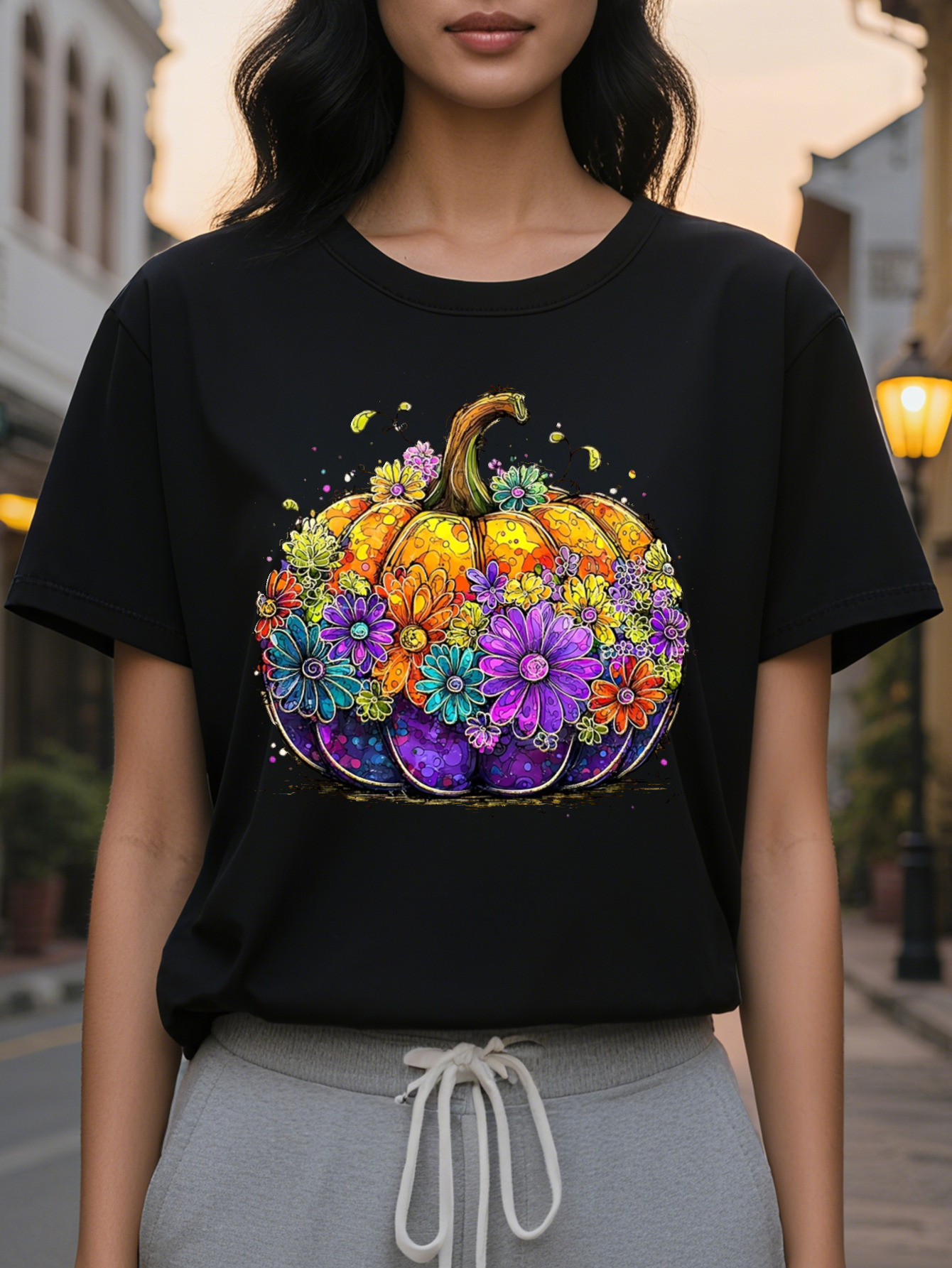 Large XL Women S Floral Print Crewneck Sweatshirt Cozy Casual Pullover Soft Beige with Vibrant Orange Pumpkin Purple Flowers Plus Size