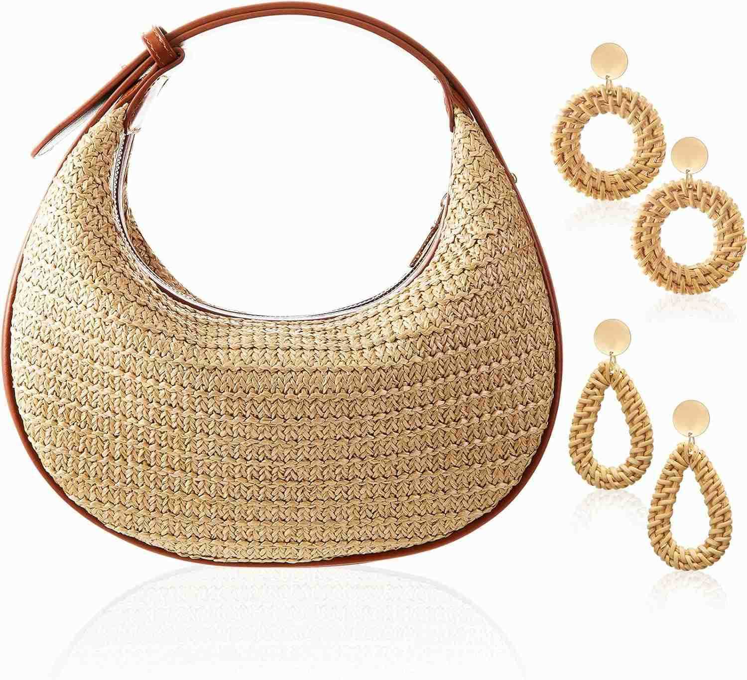 Mini Clutch Tote Handbag 2 Pairs Rattan Earrings for Women Crossbody Bag Bohemian Woven Clutch Bucket Handbag M250904