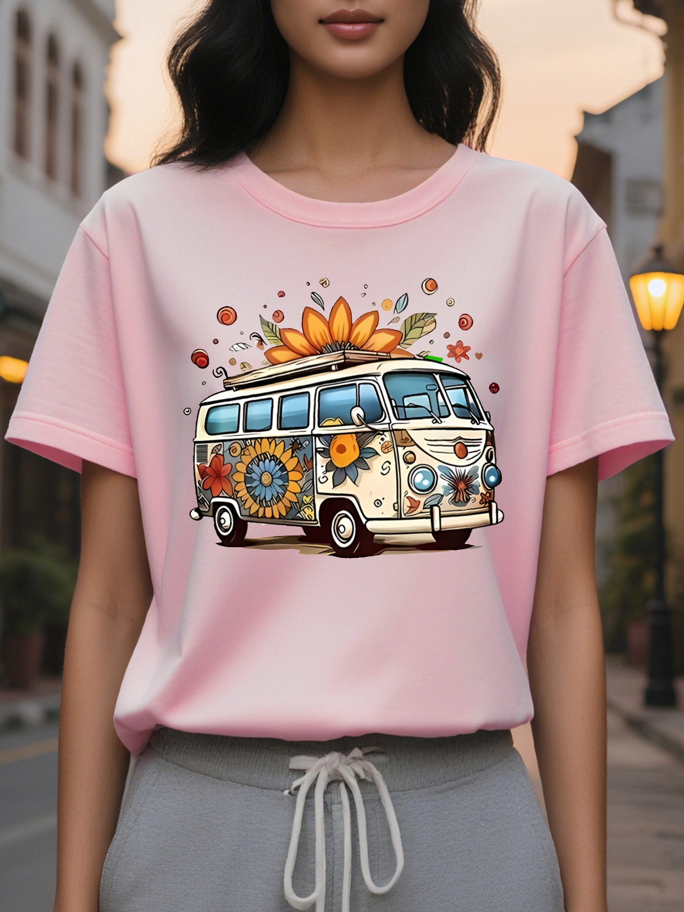 Large XL Women's Hippie Retro Bus Graphic T-Shirt Vintage Floral Peace Sign Print Soft Beige Crew Neck Short Sleeve Top Plus Size