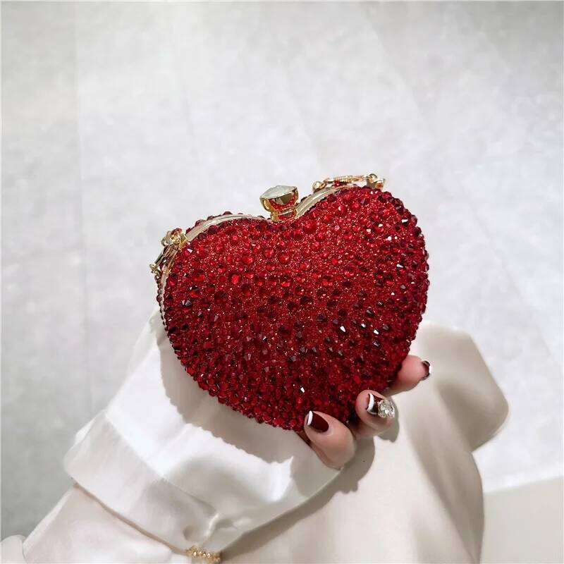 Dia Inlay Heart Shape Crystal Clutch Purse Stones Evening Wedding Party Shoulder Bag Handle Rhinestone Mini Handbags