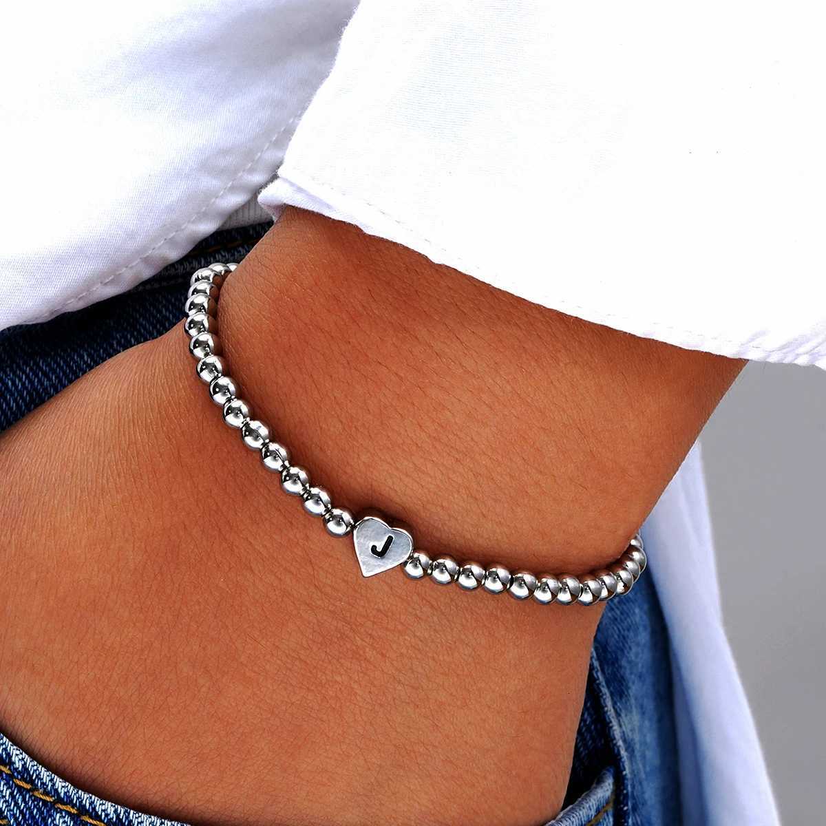 Fashion Letter Heart Pendant Beads Bracelet for Men Women Simple Vintage Silver Color Copper Metal Bracelet Luxury Jewelry Gifts W250904