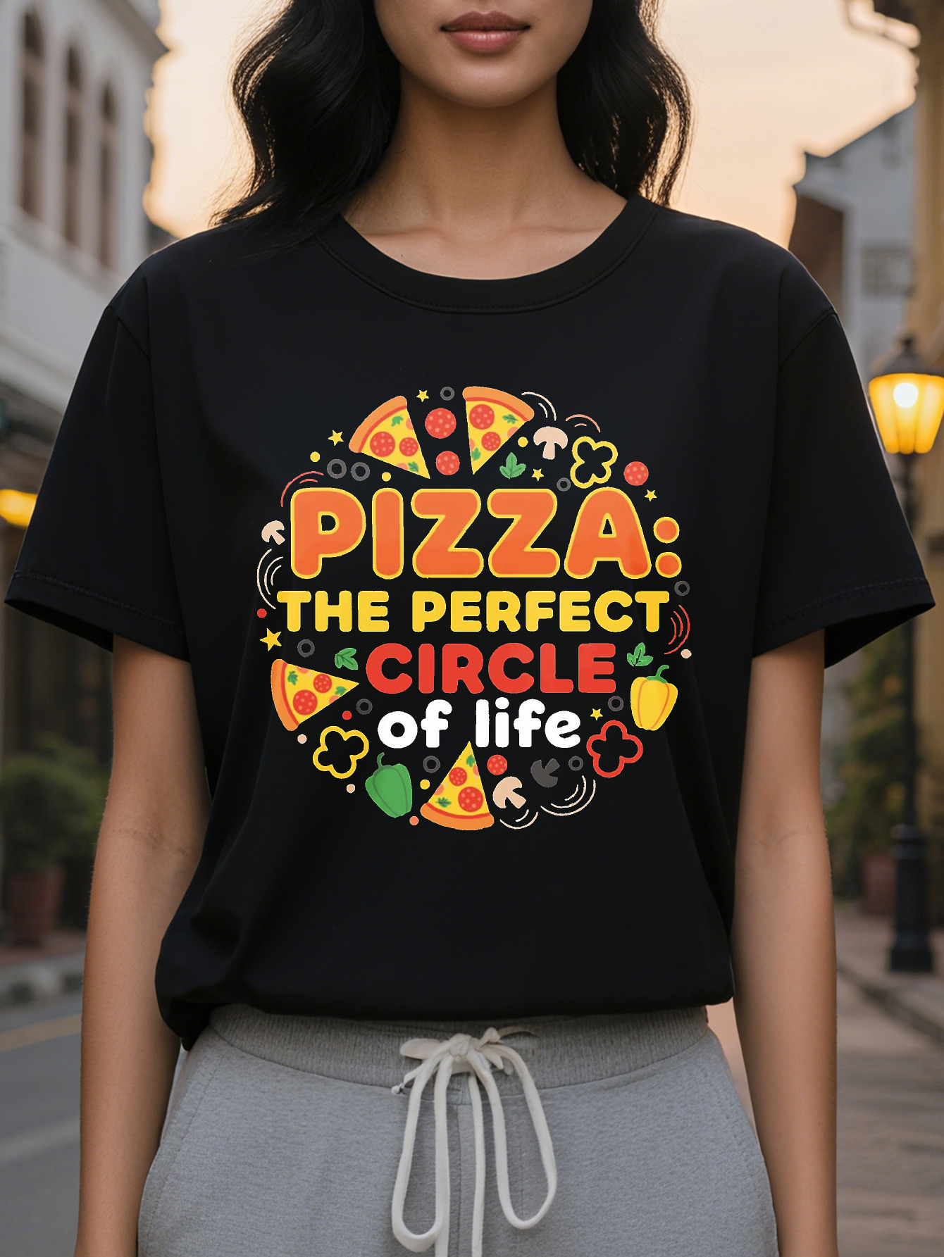 Black Lover Pattern Pizza Life s Perfect Circle Funny T-Shirt Pieces Design Women's Soft Everyday