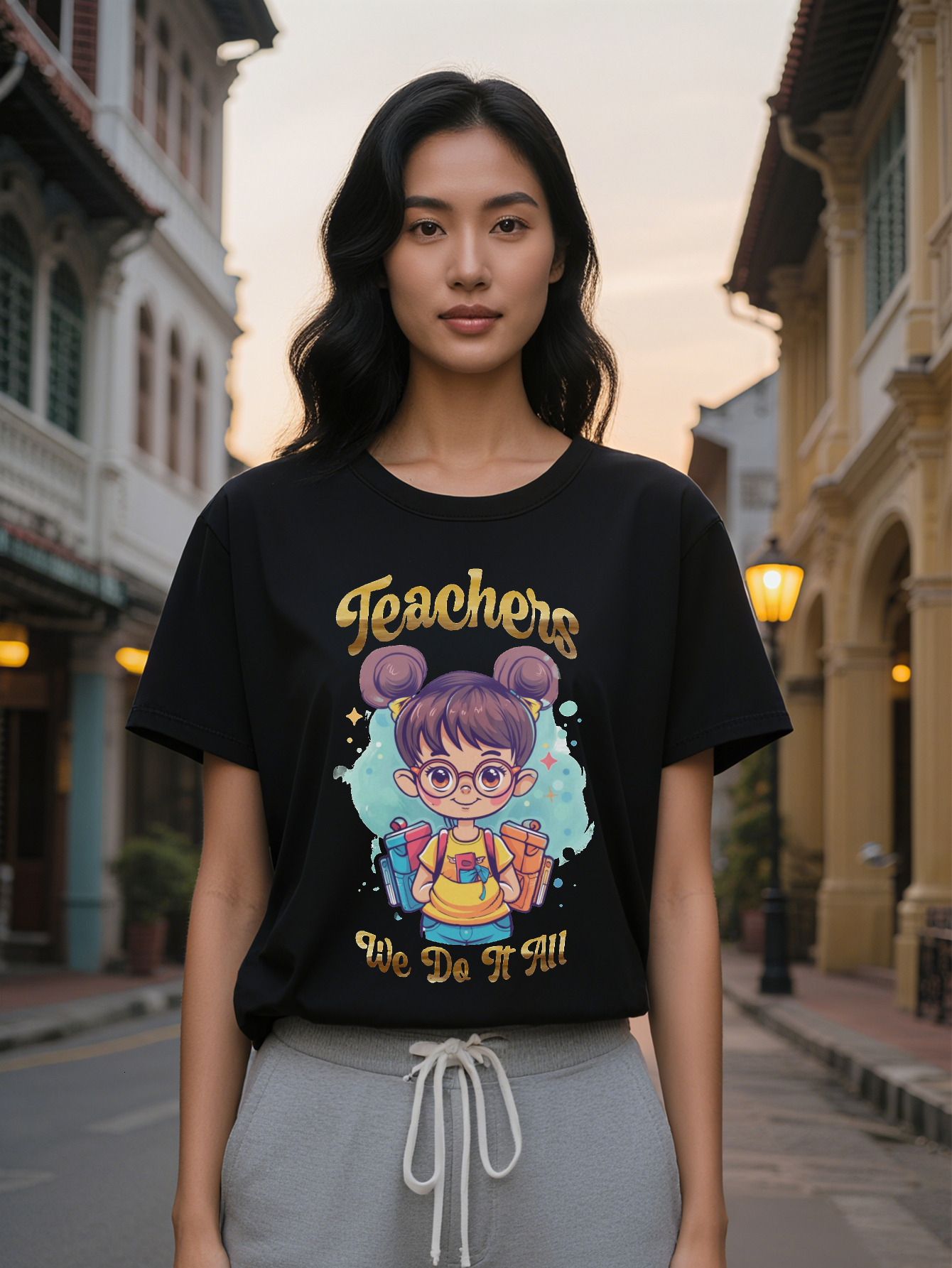 Lady T Shirt with Cartoon Girl Glasses Teachers We Do It All Print Black Tee, Washable Regular Fit Top for