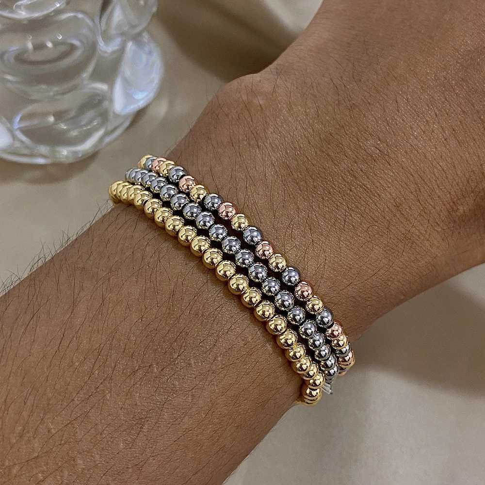 Greatera 34mm Stainl Steel Beads Elastic Bracelets for Women Gold Plated Tricolor Beaded Chain Bracelet Waterproof JewelryXJ250904