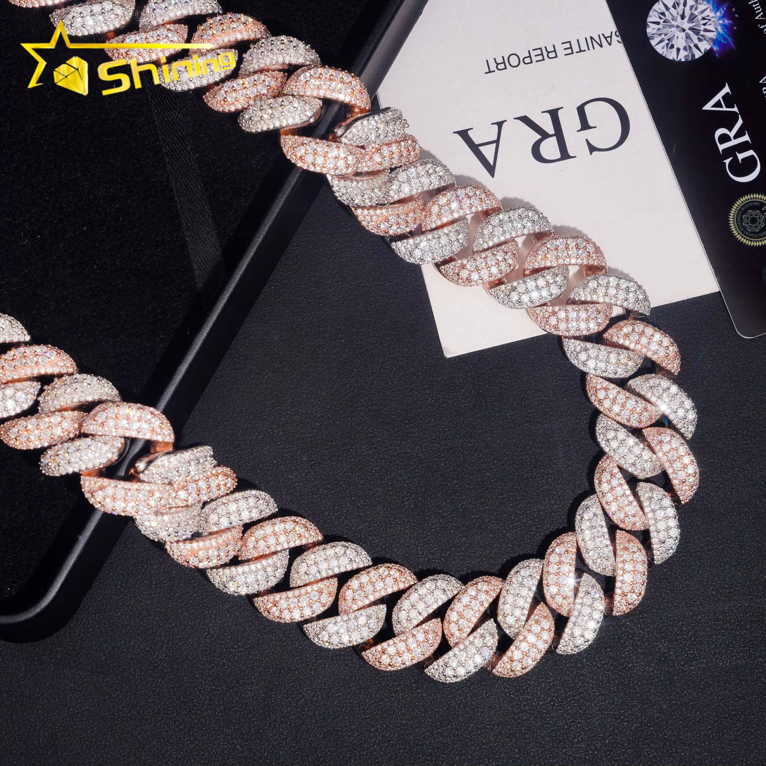 Luxury 22mm Two Tone Necklace Chain Pass Tester VVS Moissanite 925 Silver Gold Plated Hip Hop Iced Out Cuban Link Chain
