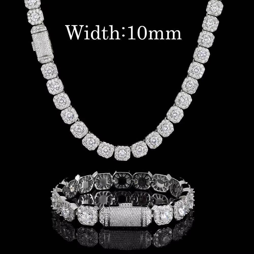 High Quality 10mm 12mm Silver Gold Plated Link Chain Necklace Hip Hop Style Iced Diamond Cluster Tennis Chain Zircon Main Stone